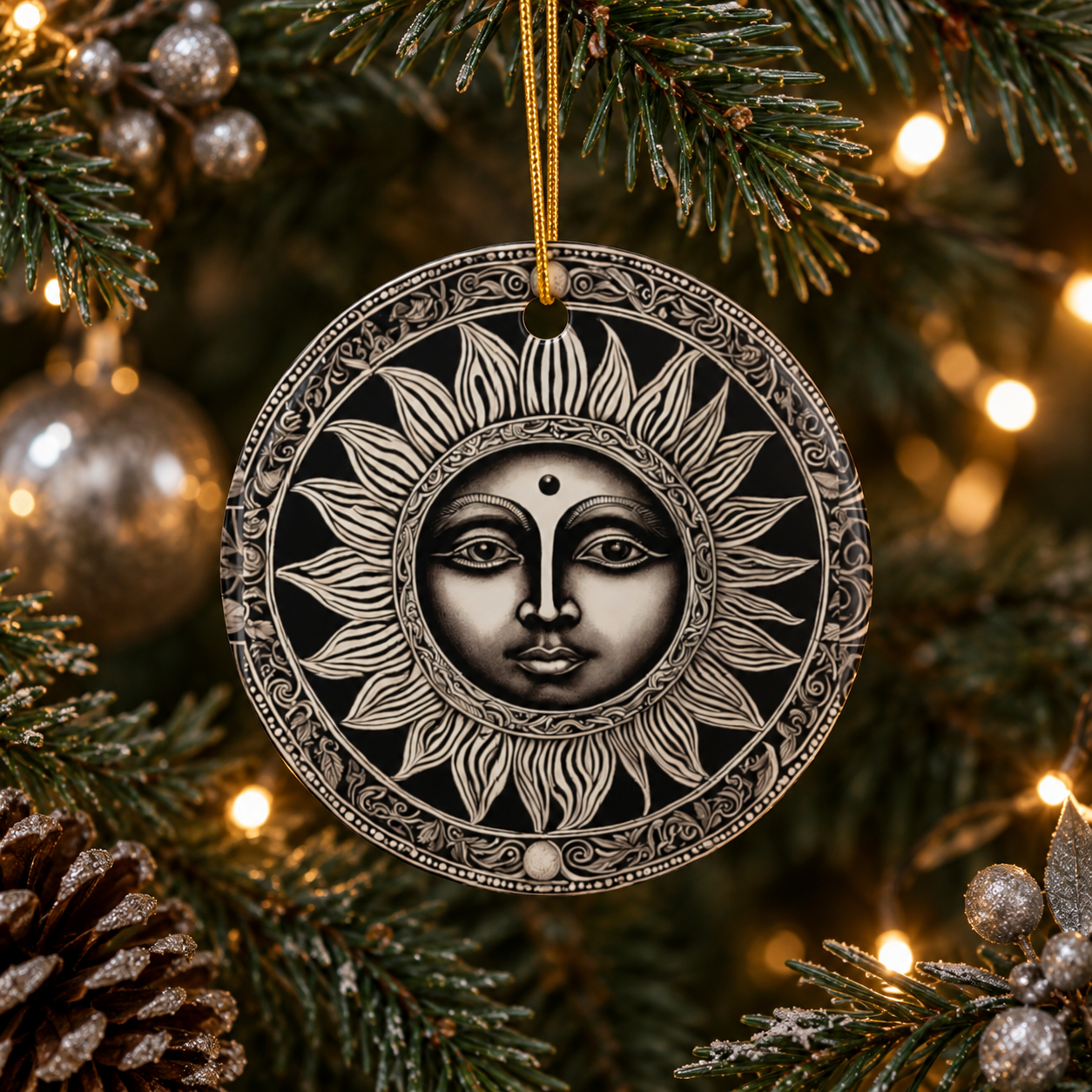 Monochrome Sun Face Celestial Ornament