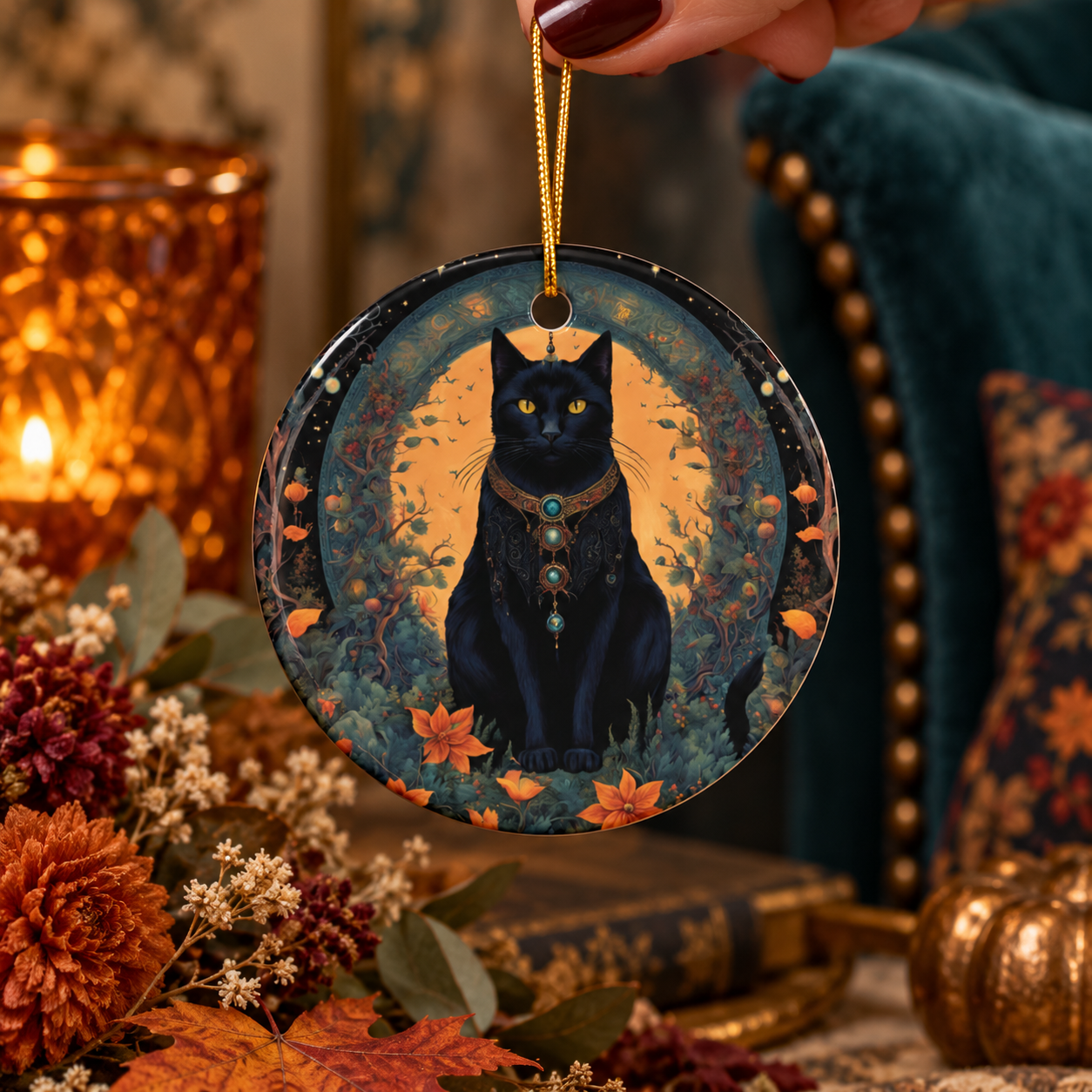 Jeweled Black Cat & Autumn Botanical Ornament