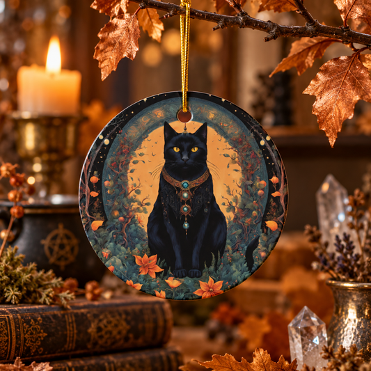 Jeweled Black Cat & Autumn Botanical Ornament