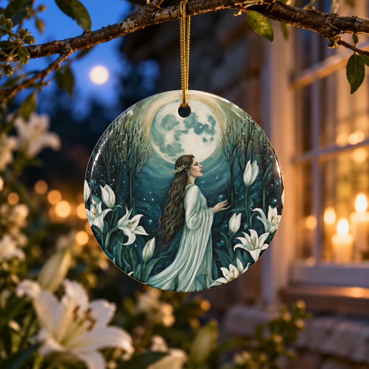 Moon Maiden & White Lily Enchanted Forest Ornament