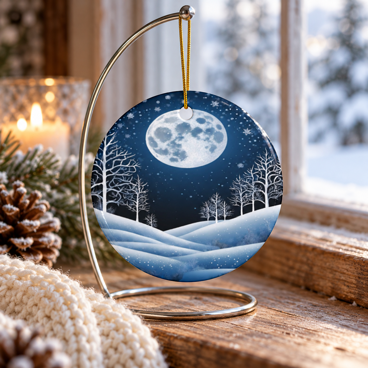 Winter Full Moon & Snowy Woodland Yule Ornament