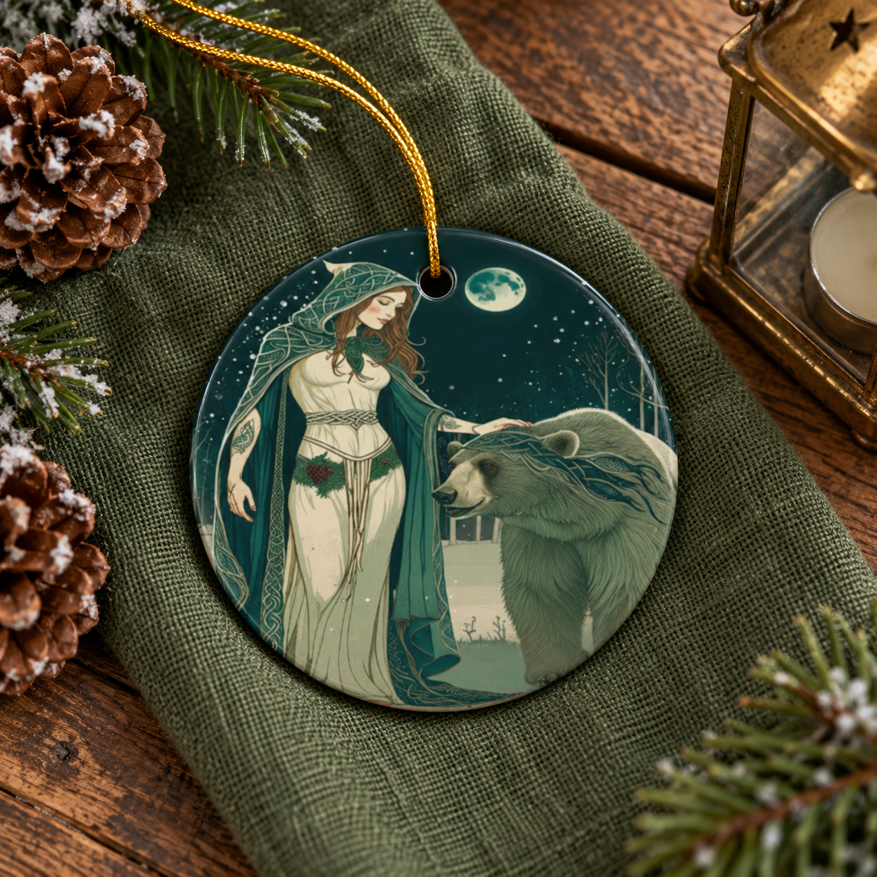 Celtic Woodland Enchantress & Bear Companion Ornament