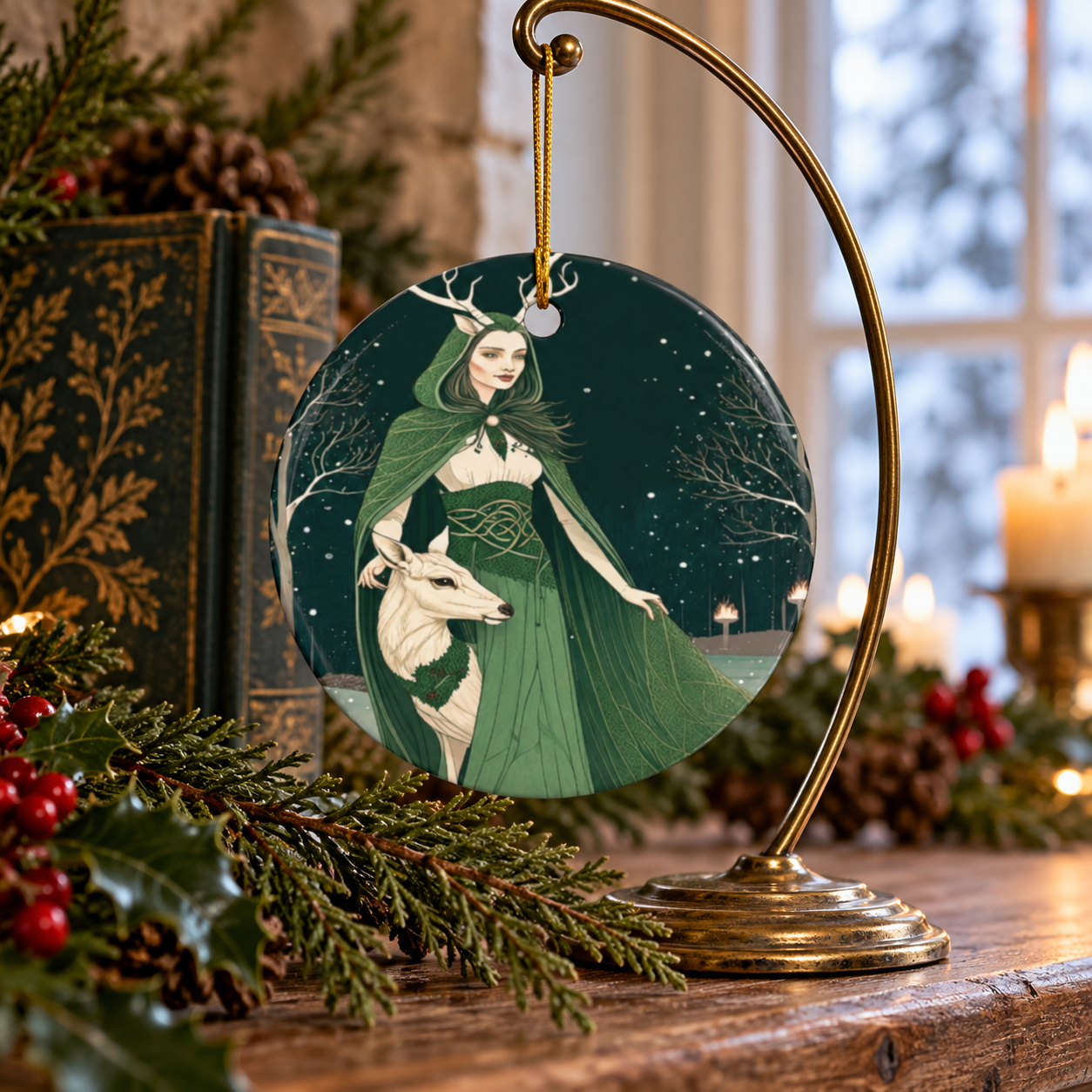 Antlered Woodland Maiden & White Deer Yule Ornament