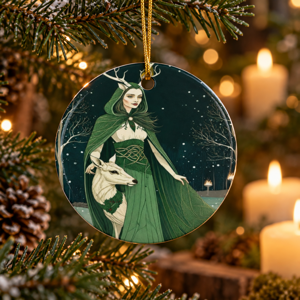 Antlered Woodland Maiden & White Deer Yule Ornament