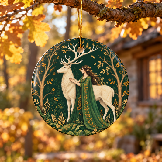 White Stag & Woodland Maiden Green Witch Ornament
