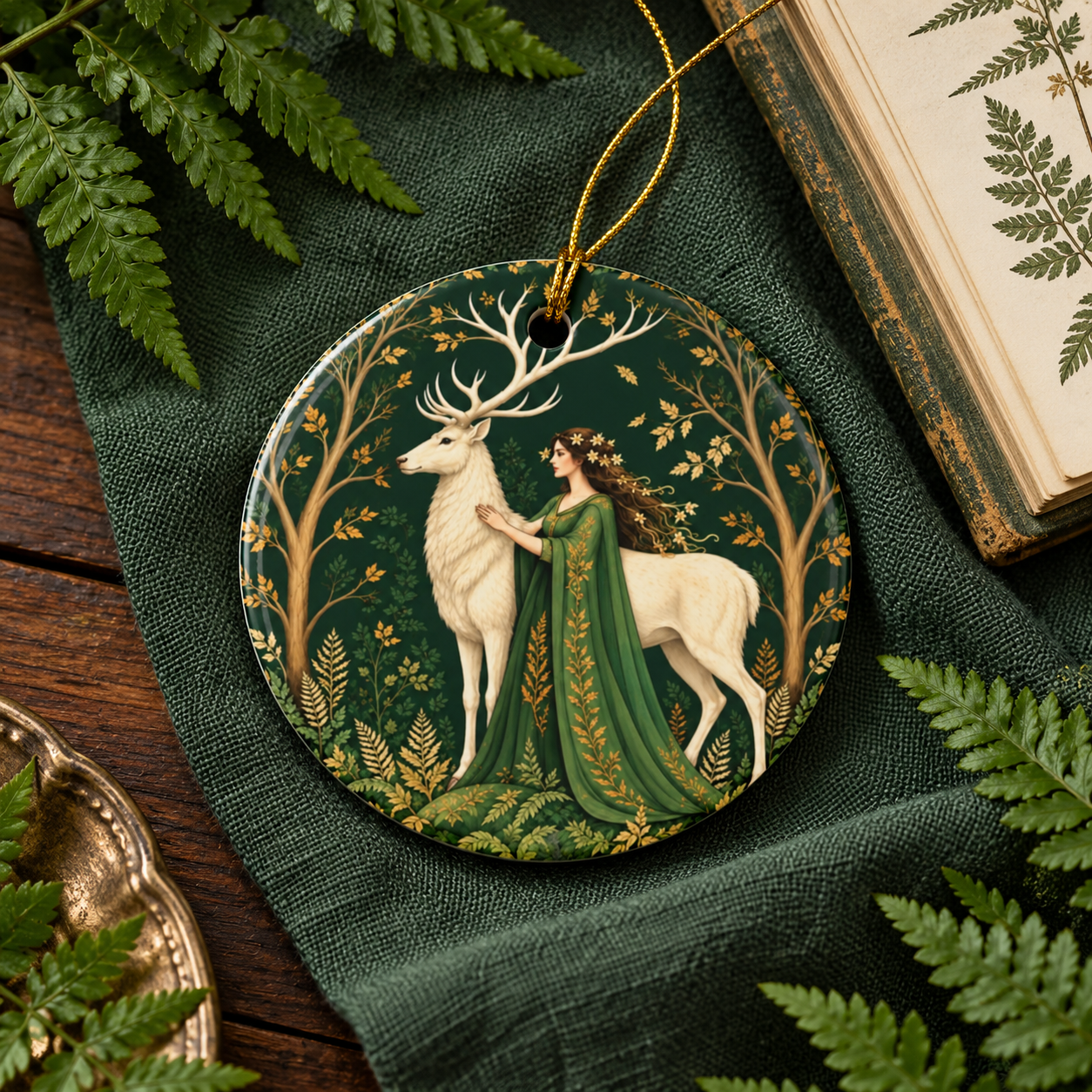 White Stag & Woodland Maiden Green Witch Ornament