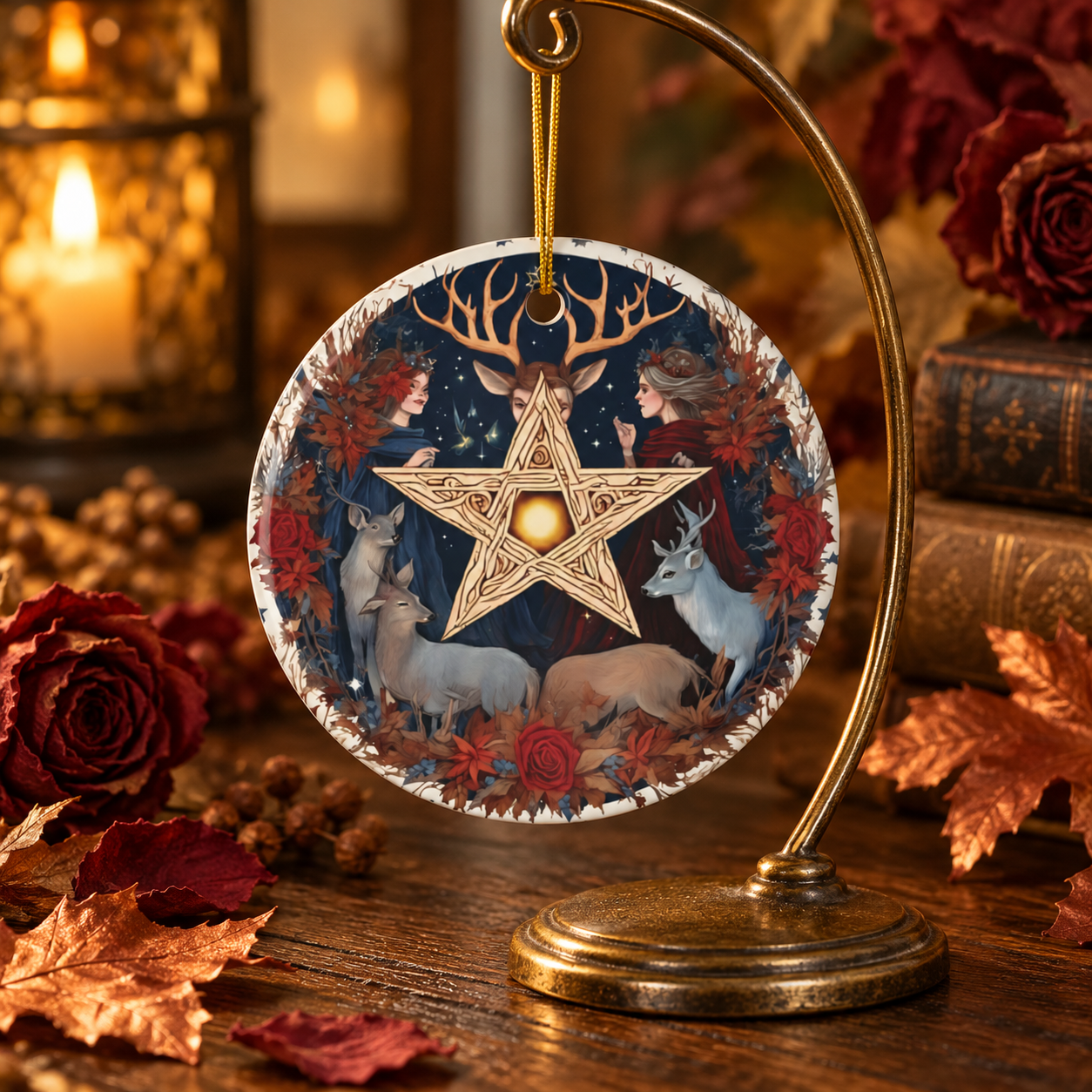 Golden Pentagram & Autumn Woodland Gathering Ornament