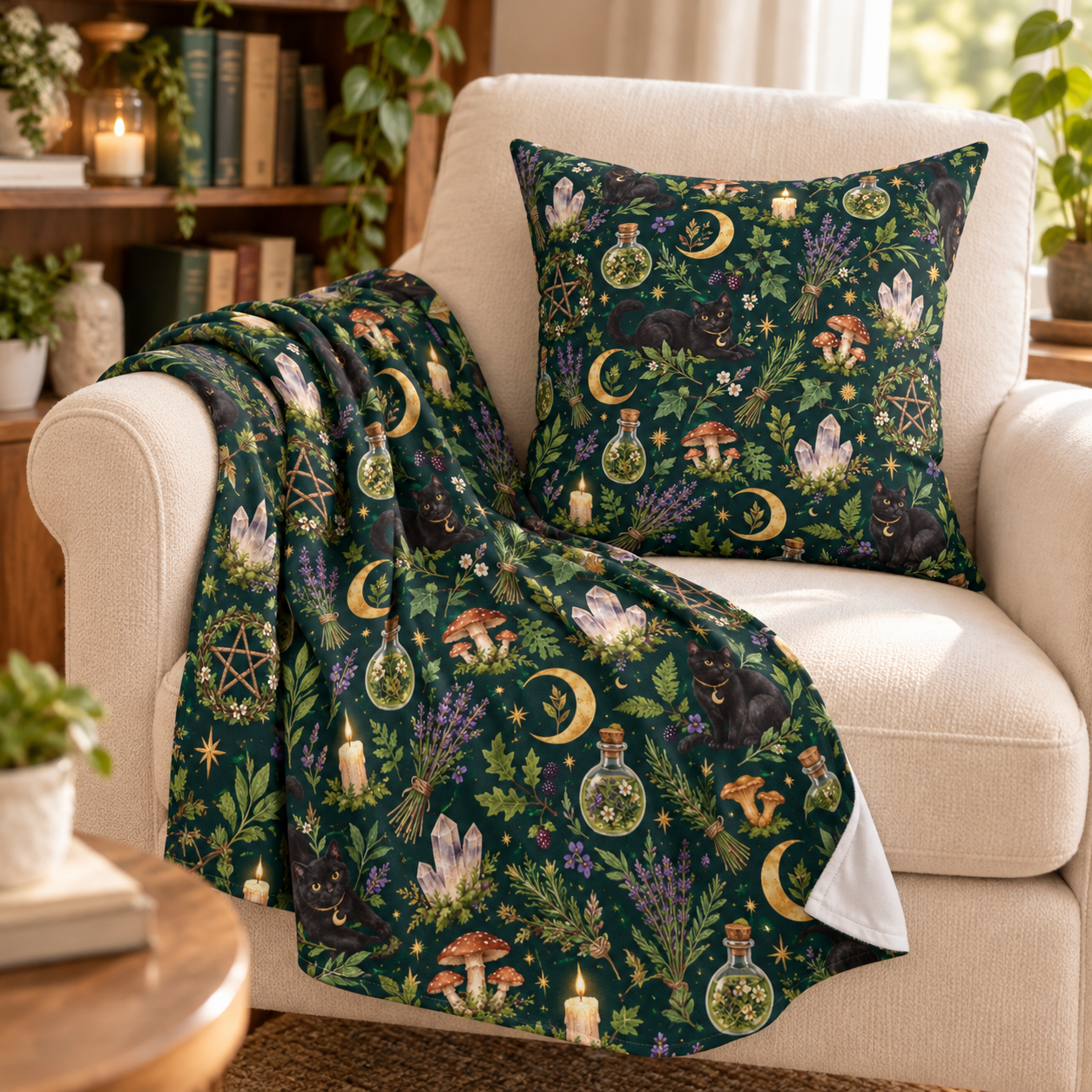 Green Witch Black Cat Faux Suede Throw Pillow – Botanical Moon & Crystal Decor