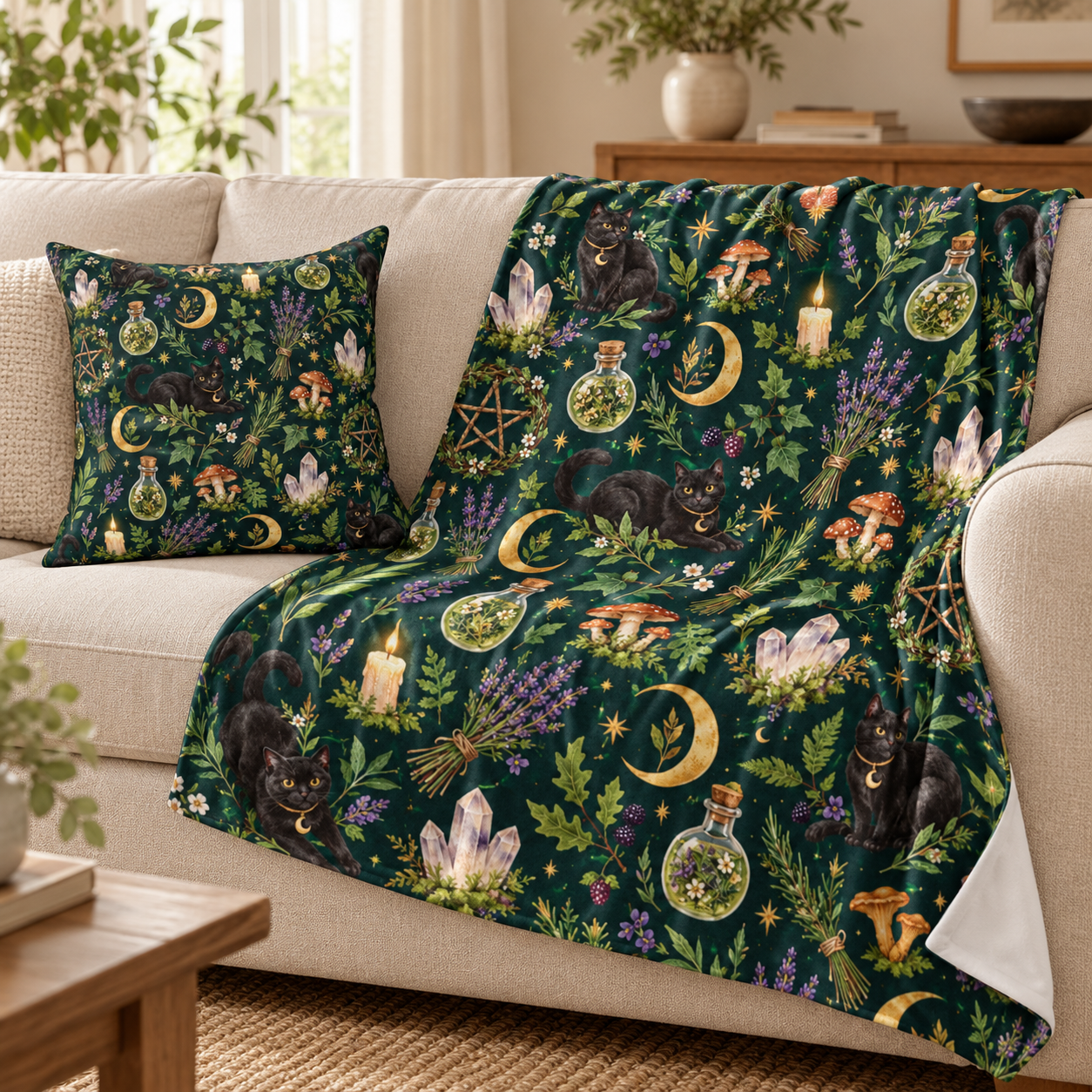 Green Witch Black Cat Faux Suede Throw Pillow – Botanical Moon & Crystal Decor