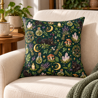 Green Witch Black Cat Faux Suede Throw Pillow – Botanical Moon & Crystal Decor