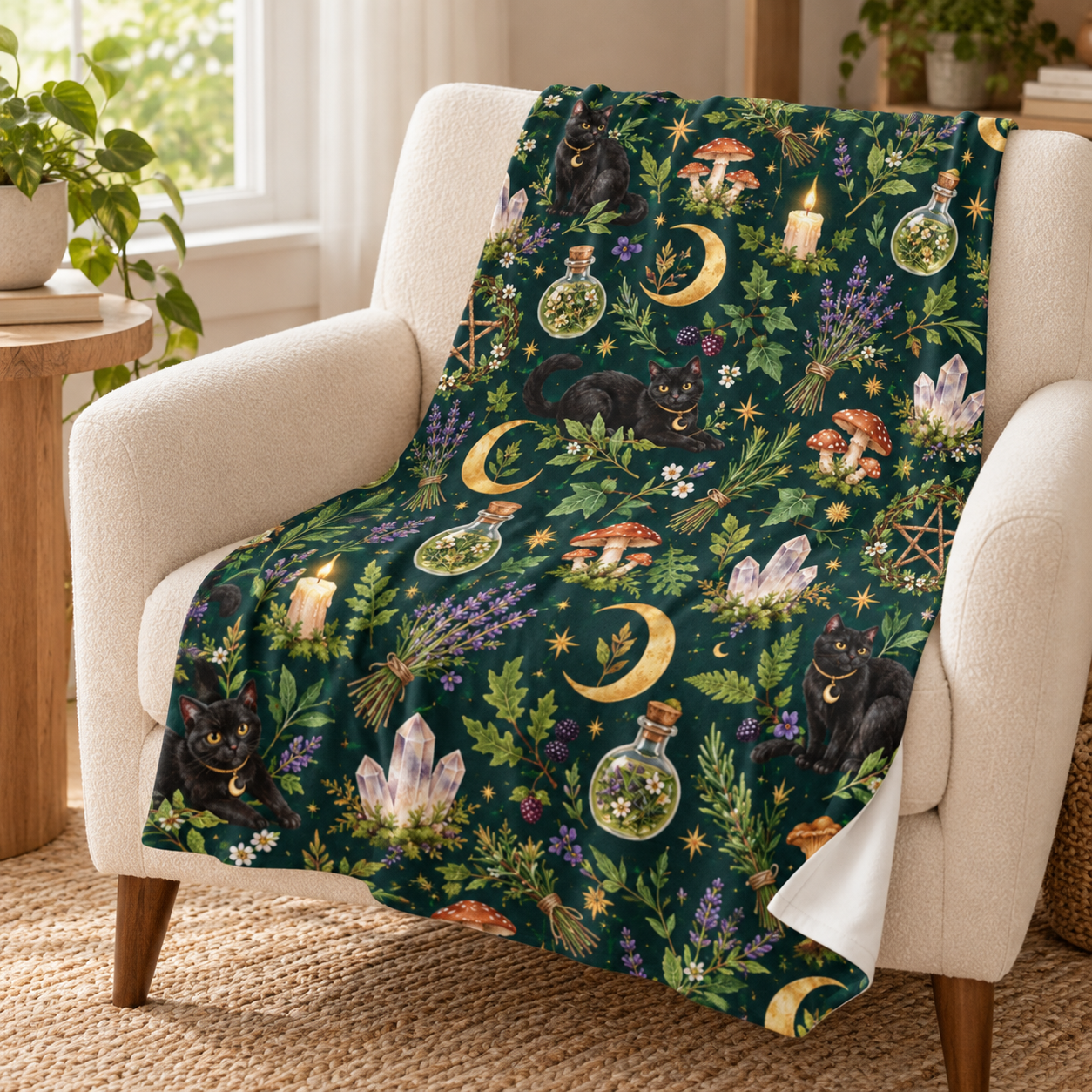 Green Witch Black Cat Velveteen Plush Blanket – Botanical Moon & Crystal Throw