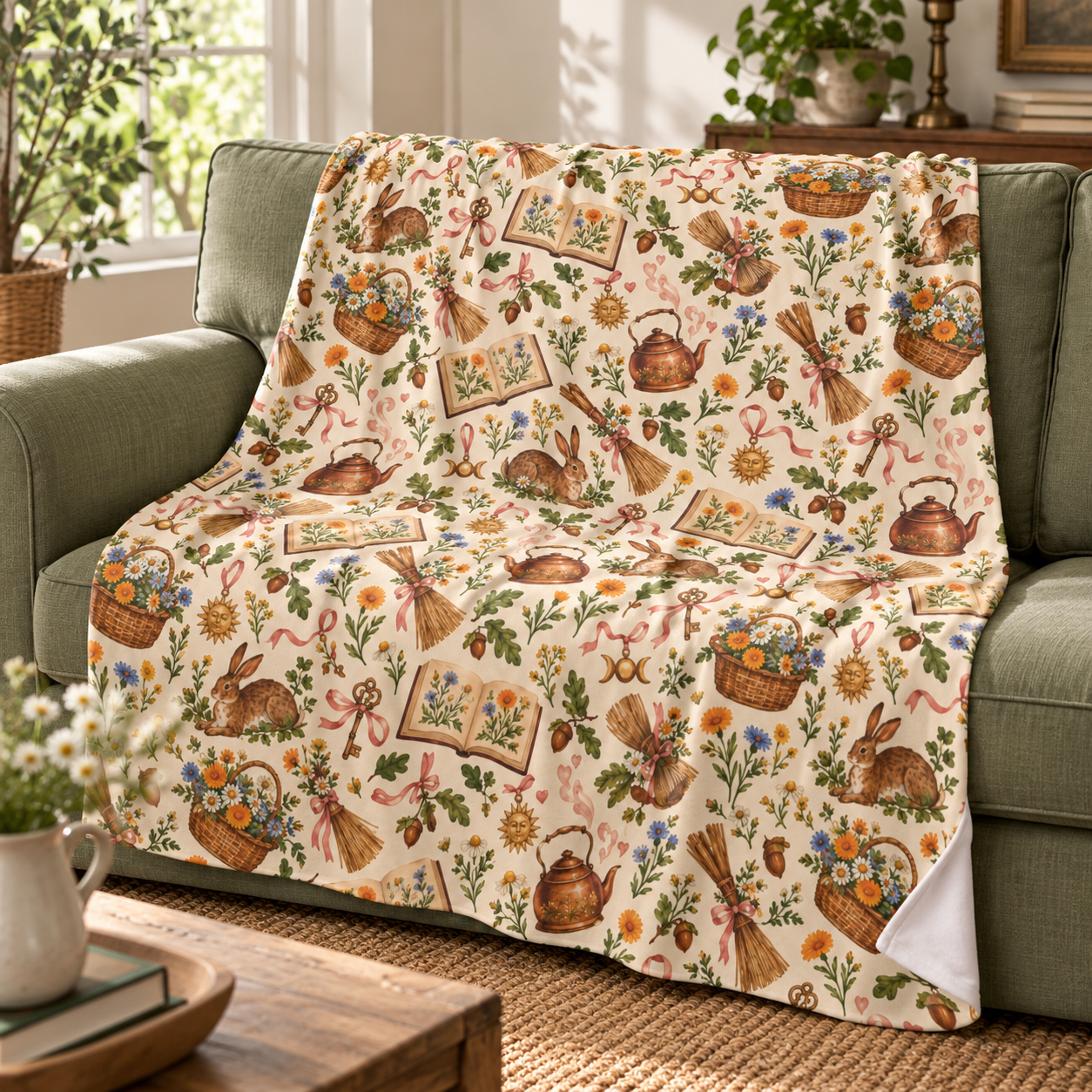 Ostara Rabbit & Wildflower Velveteen Plush Blanket – Lightweight Cottage Witch Throw
