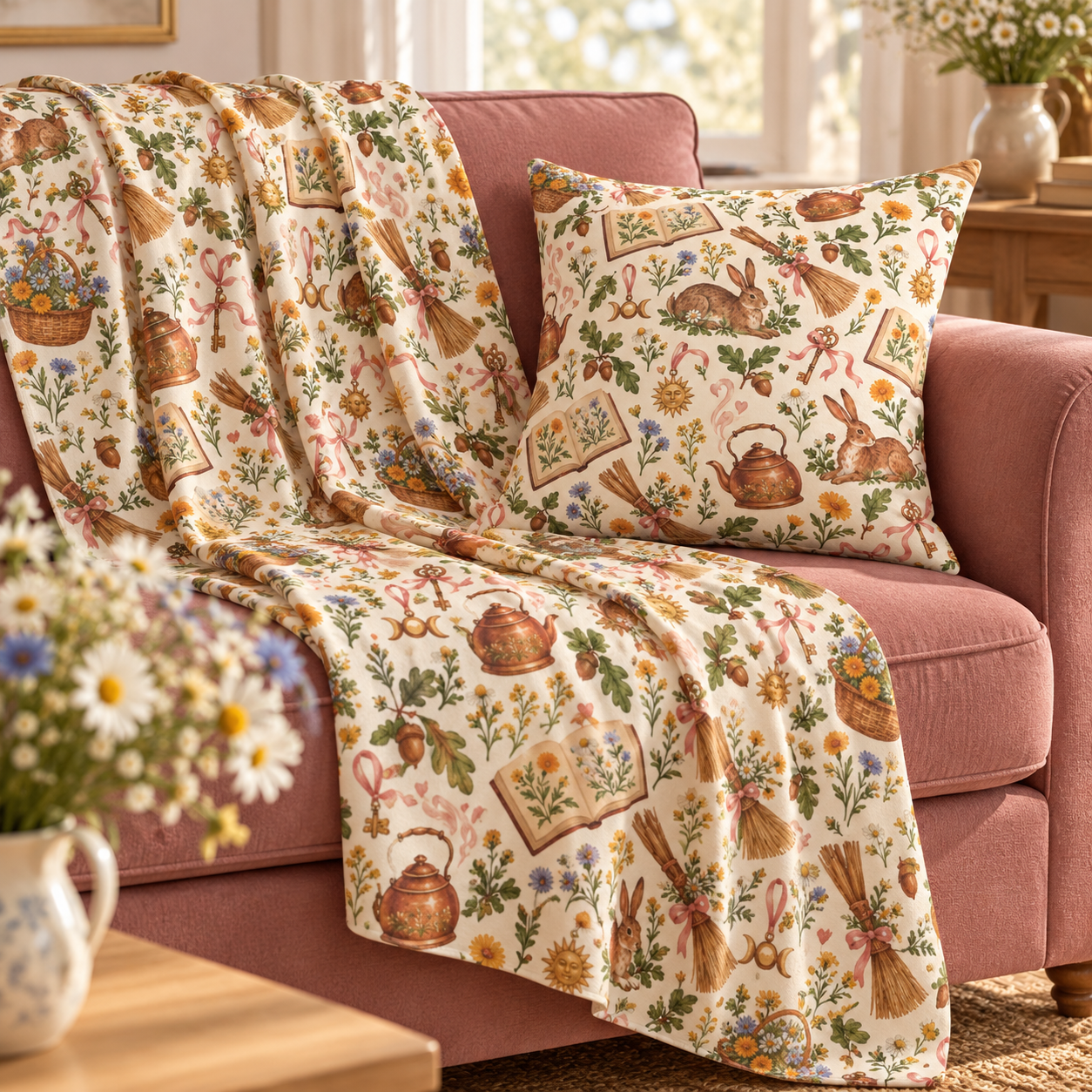 Ostara Rabbit & Wildflower Velveteen Plush Blanket – Lightweight Cottage Witch Throw