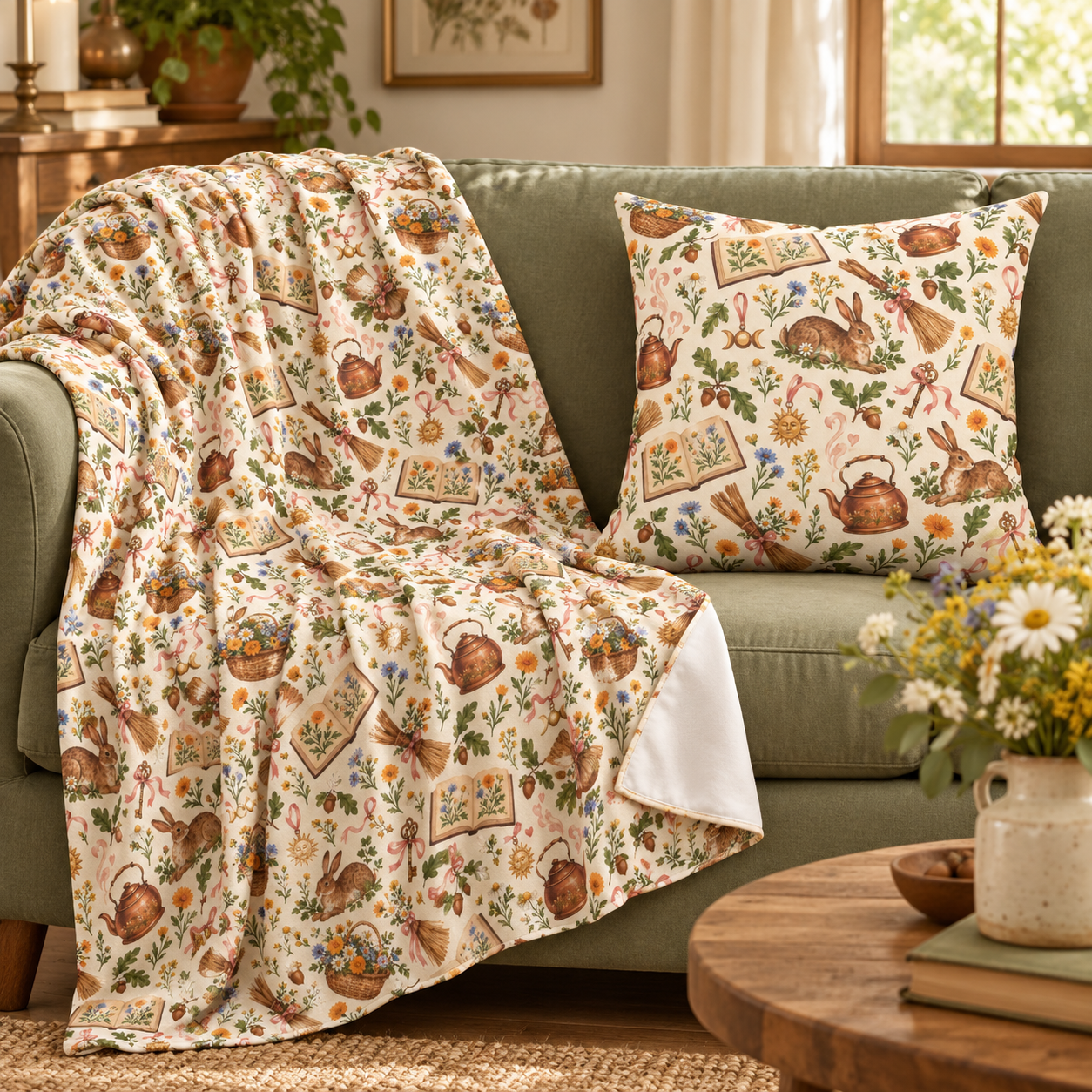 Ostara Rabbit & Wildflower Velveteen Plush Blanket – Lightweight Cottage Witch Throw