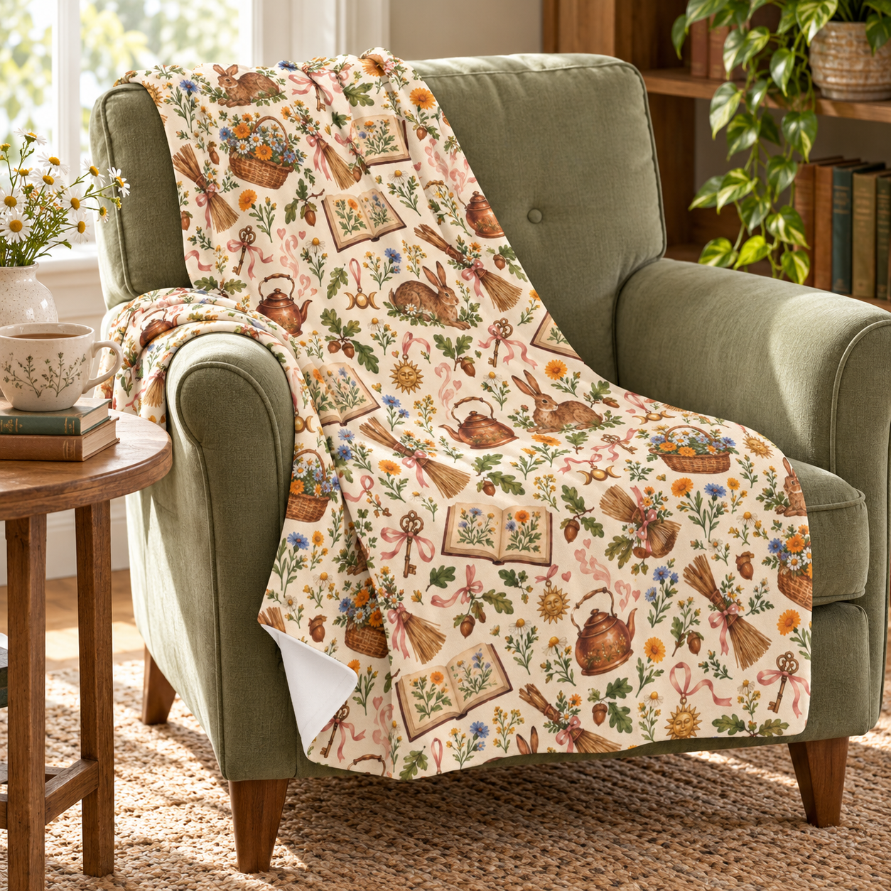 Ostara Rabbit & Wildflower Velveteen Plush Blanket – Lightweight Cottage Witch Throw