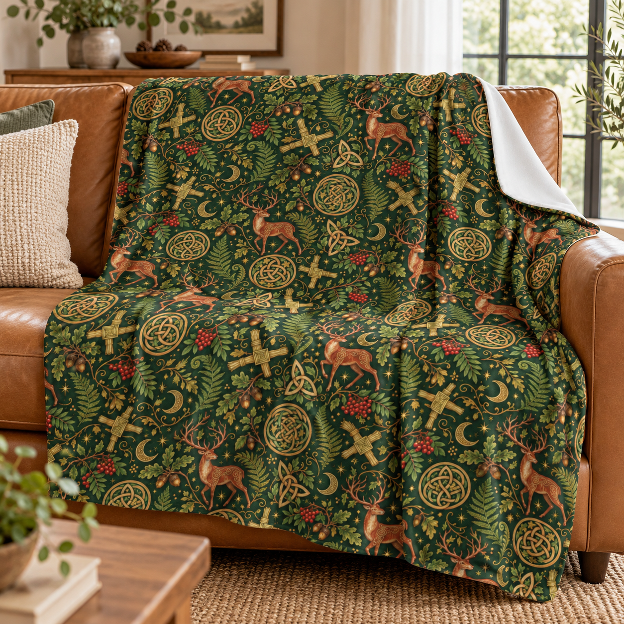 Imbolc Brigid’s Cross Velveteen Plush Blanket – Lightweight Celtic Stag Throw