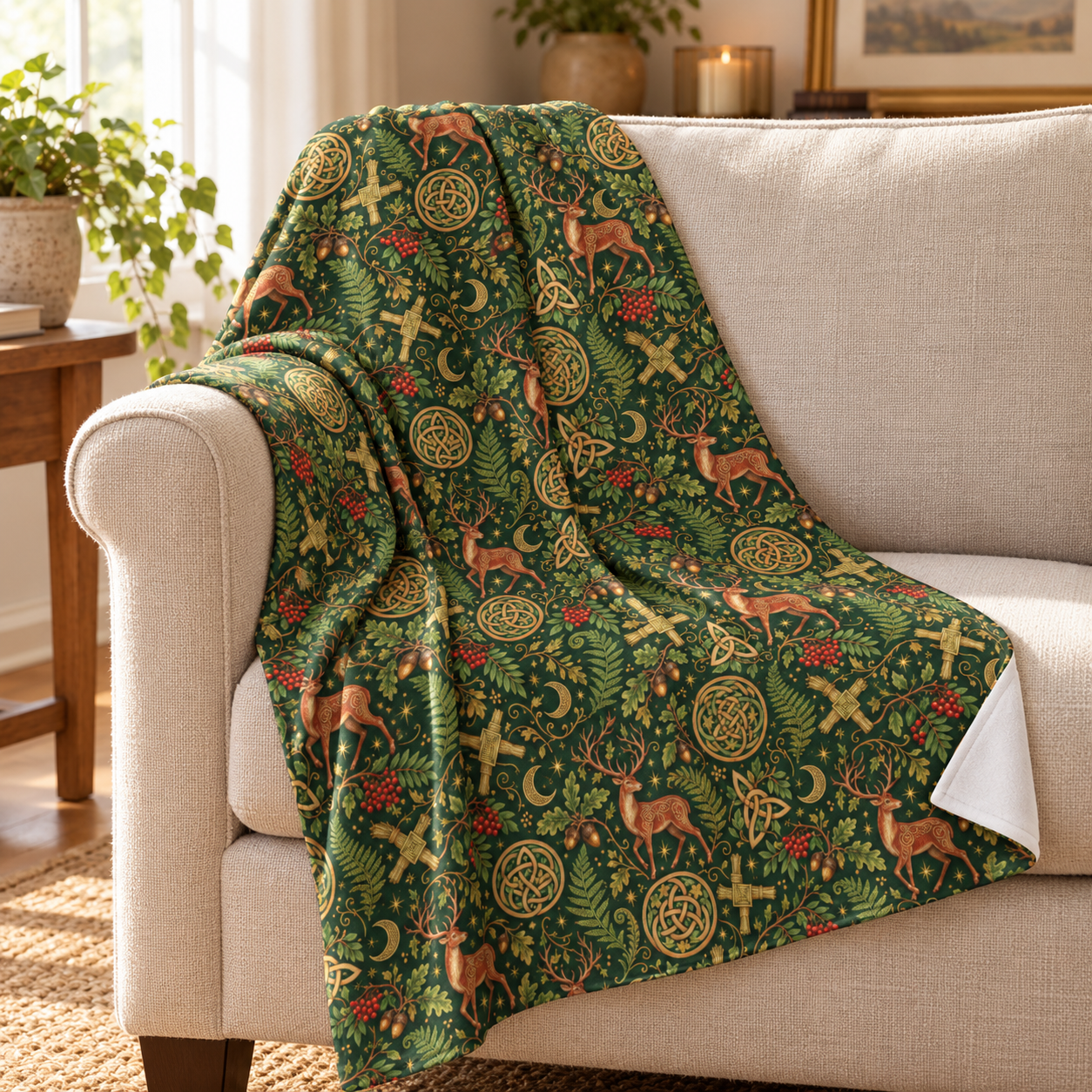 Imbolc Brigid’s Cross Velveteen Plush Blanket – Lightweight Celtic Stag Throw