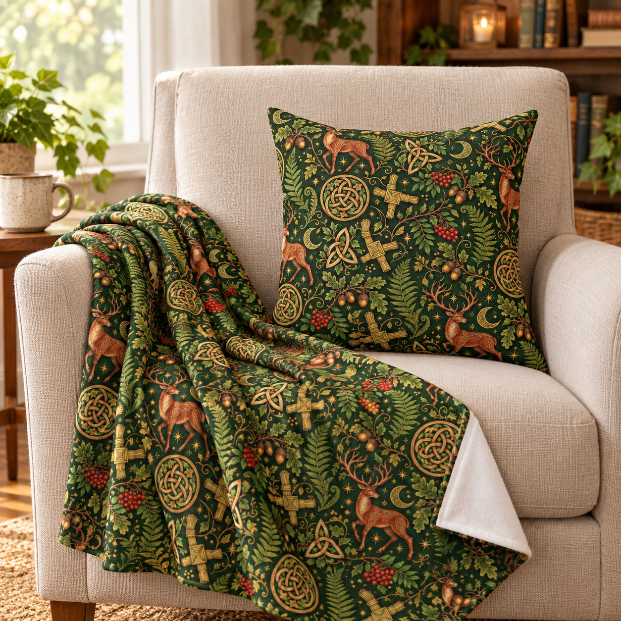 Imbolc Brigid’s Cross Velveteen Plush Blanket – Lightweight Celtic Stag Throw