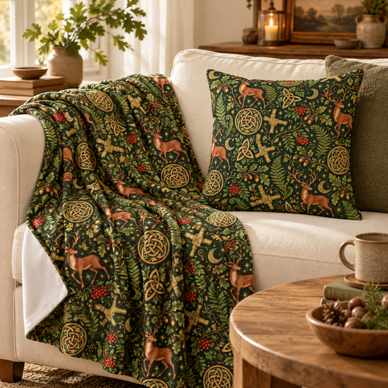 Imbolc Brigid’s Cross Velveteen Plush Blanket – Lightweight Celtic Stag Throw
