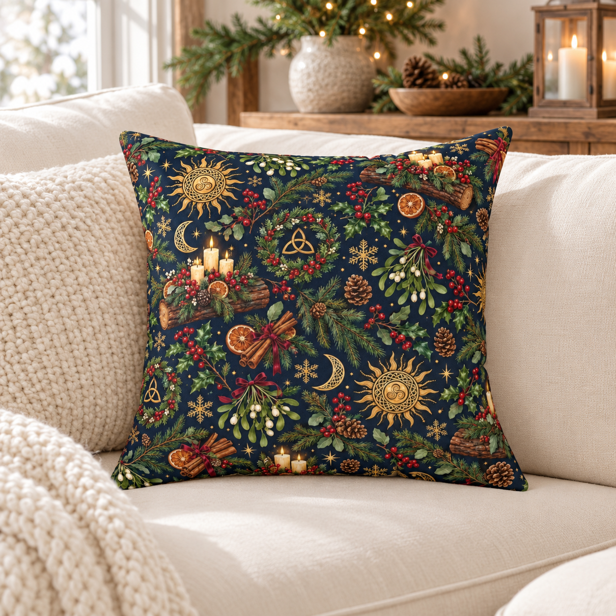 Yule Log & Evergreen Faux Suede Pillow – Celestial Winter Solstice Decor - Divine Mystic Moons