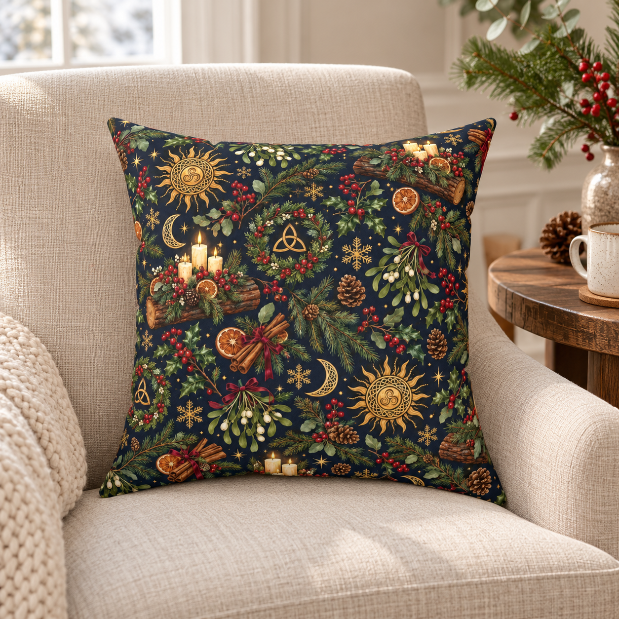 Yule Log & Evergreen Faux Suede Pillow – Celestial Winter Solstice Decor - Divine Mystic Moons