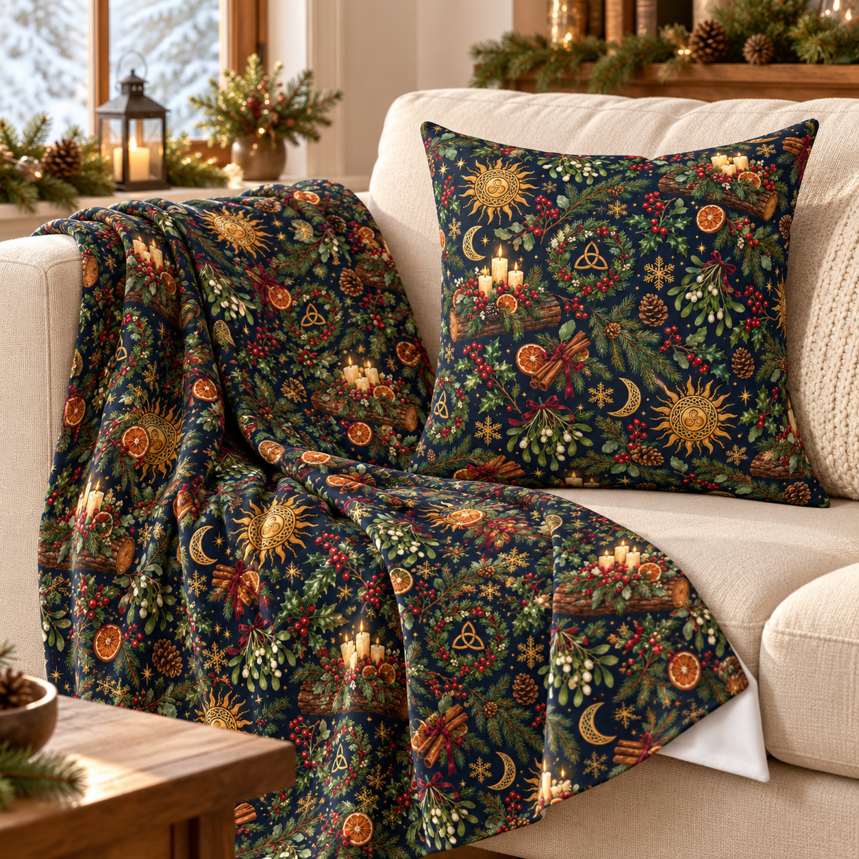 Yule Log & Evergreen Faux Suede Pillow – Celestial Winter Solstice Decor - Divine Mystic Moons