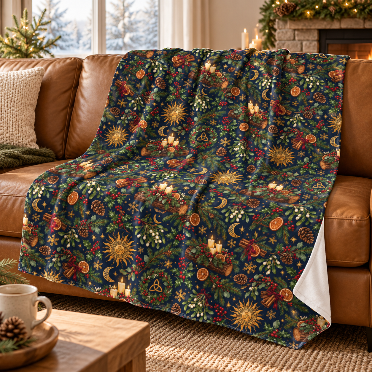 Yule Log & Evergreen Velveteen Plush Blanket – Lightweight Winter Solstice Throw