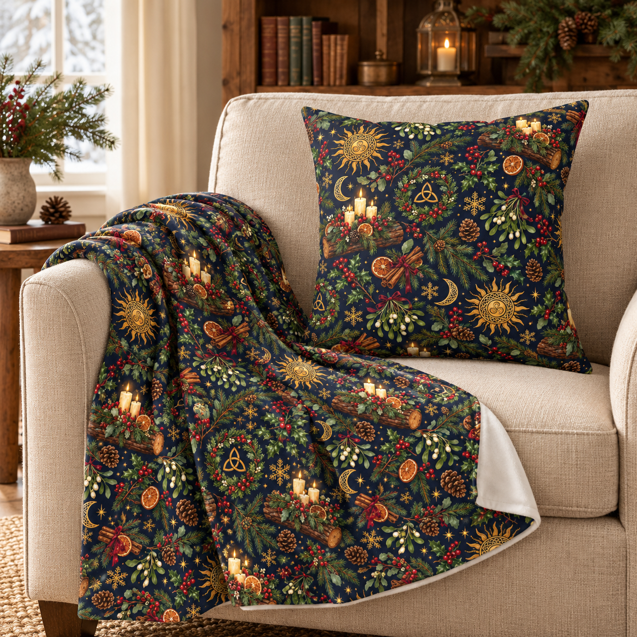 Yule Log & Evergreen Velveteen Plush Blanket – Lightweight Winter Solstice Throw