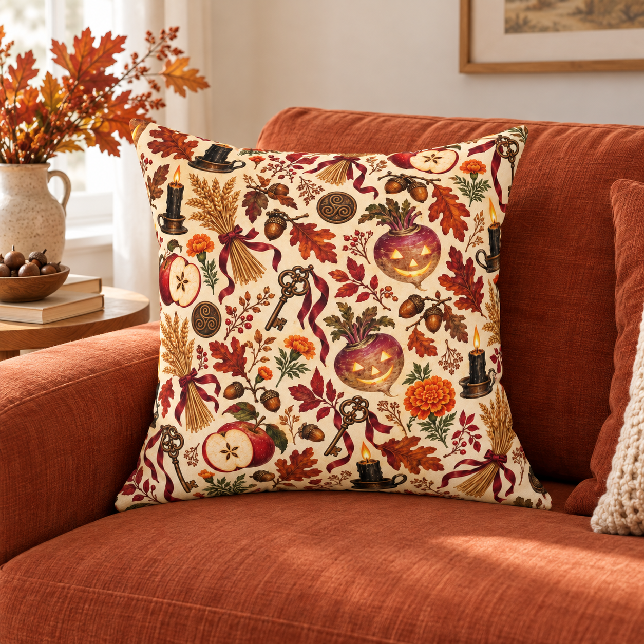 Samhain Turnip Lantern Faux Suede Pillow – Witchy Autumn Harvest Decor