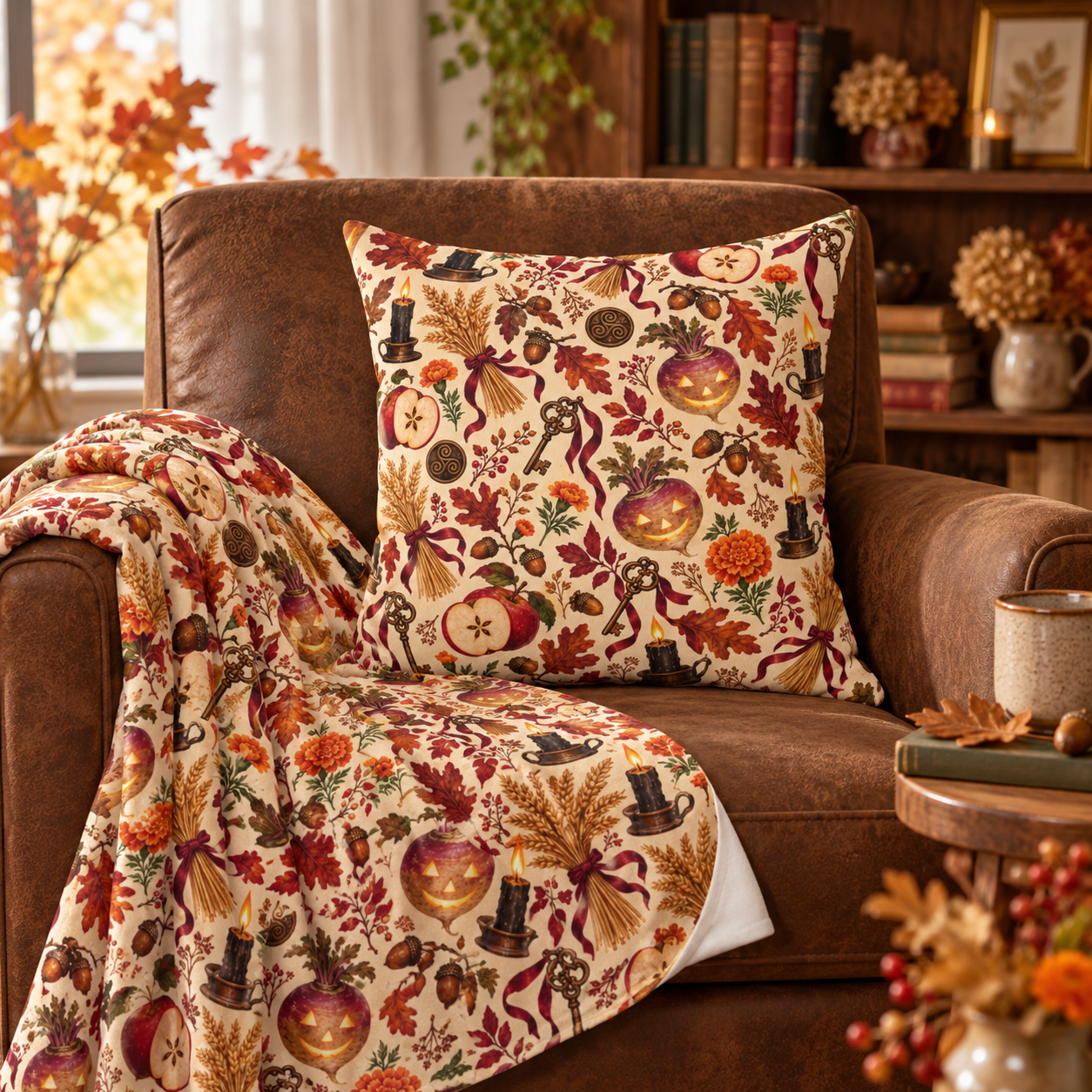 Samhain Turnip Lantern Faux Suede Pillow – Witchy Autumn Harvest Decor