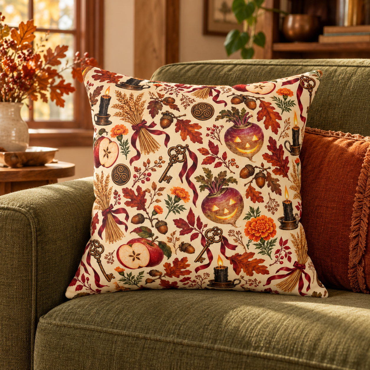 Samhain Turnip Lantern Faux Suede Pillow – Witchy Autumn Harvest Decor