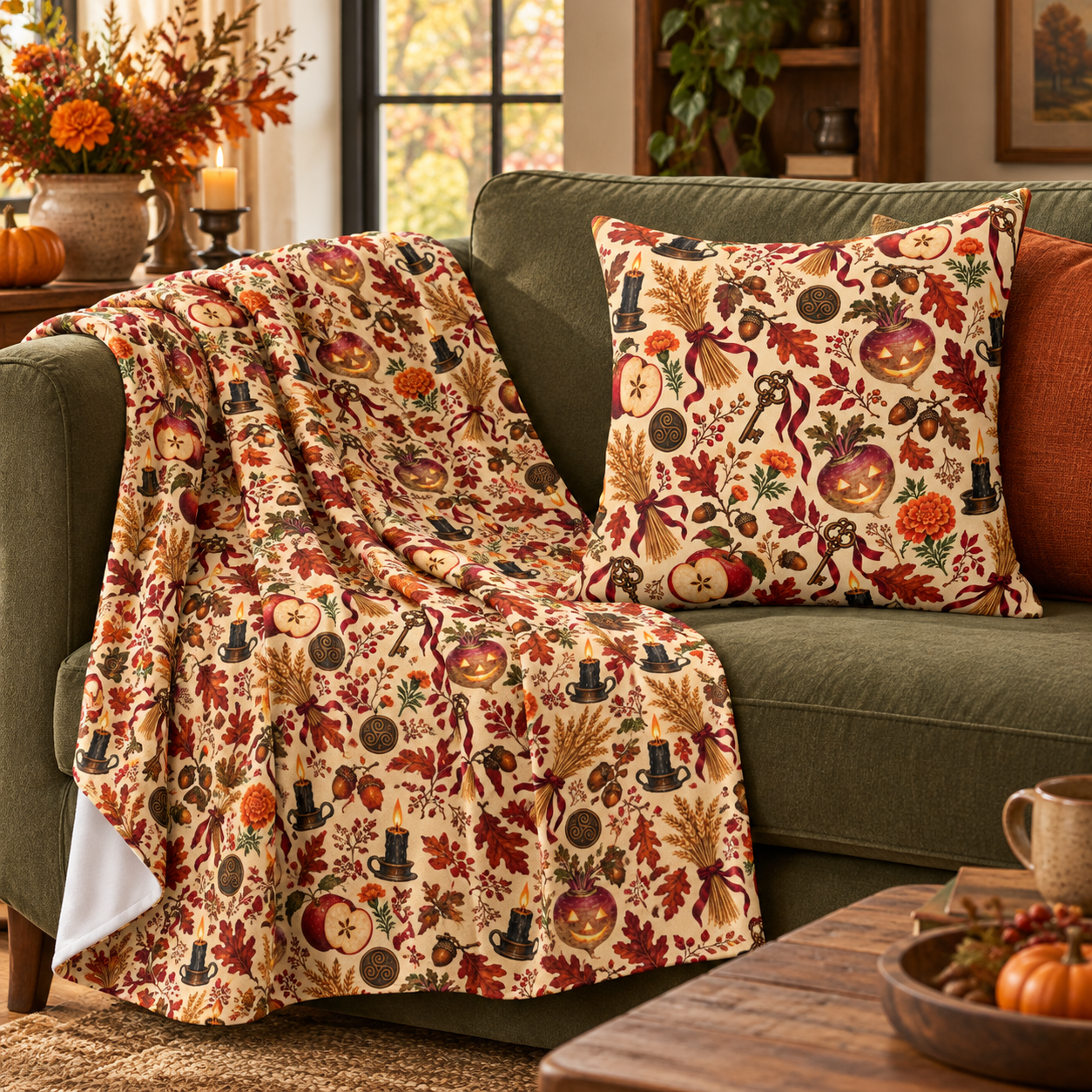Samhain Turnip Lantern Velveteen Plush Blanket – Lightweight Autumn Harvest Throw - Divine Mystic Moons