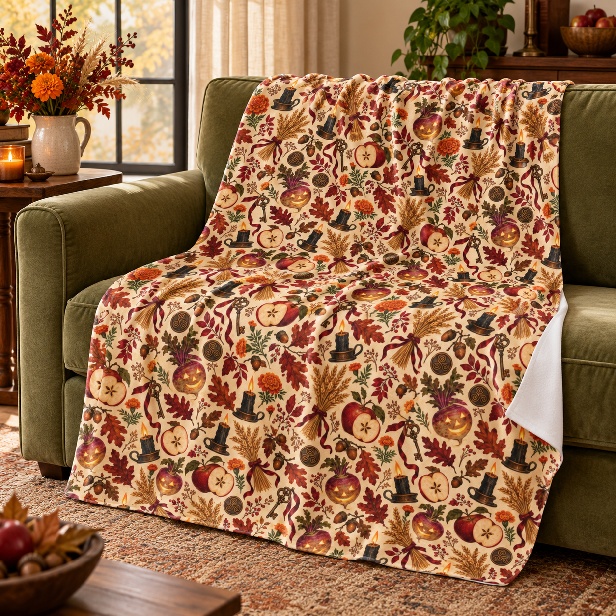 Samhain Turnip Lantern Velveteen Plush Blanket – Lightweight Autumn Harvest Throw - Divine Mystic Moons