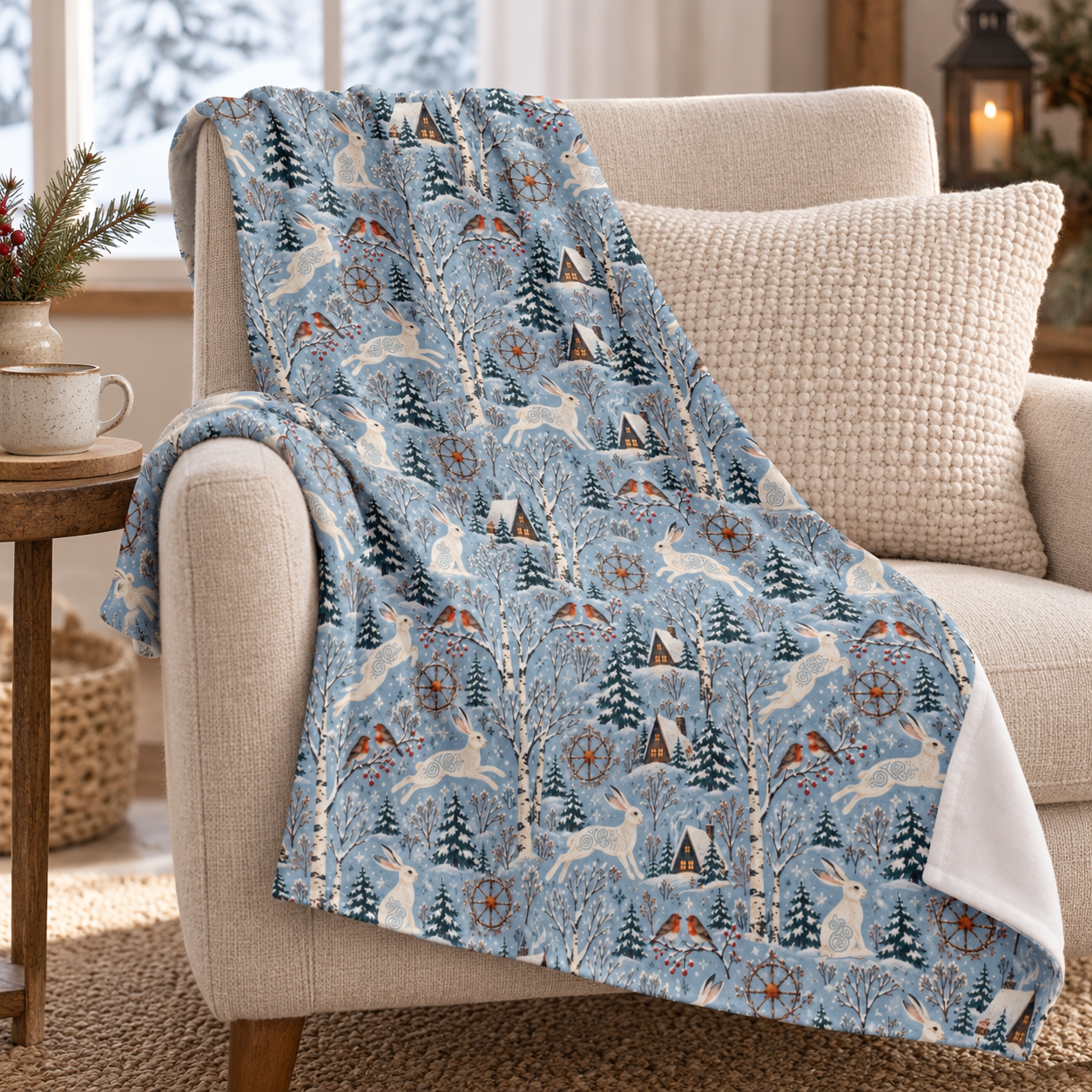 Winter Woodland Hare Velveteen Plush Blanket – Lightweight Blue Yule Throw - Divine Mystic Moons