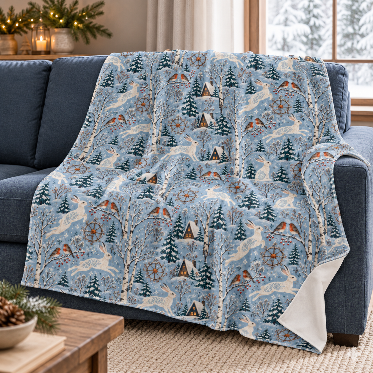 Winter Woodland Hare Velveteen Plush Blanket – Lightweight Blue Yule Throw - Divine Mystic Moons