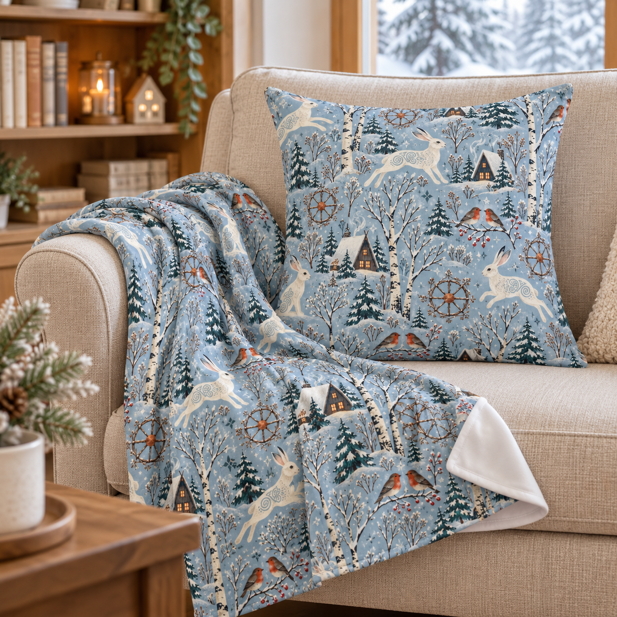 Winter Woodland Hare Velveteen Plush Blanket – Lightweight Blue Yule Throw - Divine Mystic Moons