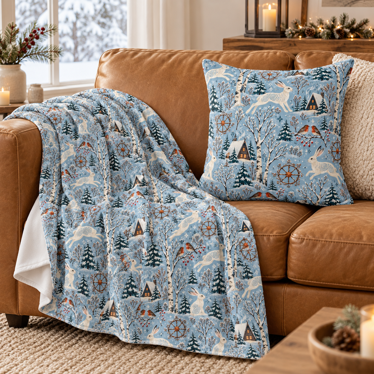Winter Woodland Hare Velveteen Plush Blanket – Lightweight Blue Yule Throw - Divine Mystic Moons
