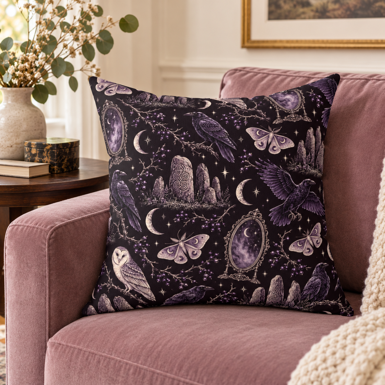 Gothic Raven & Owl Faux Suede Pillow – Purple Moon and Moth Witchy Decor