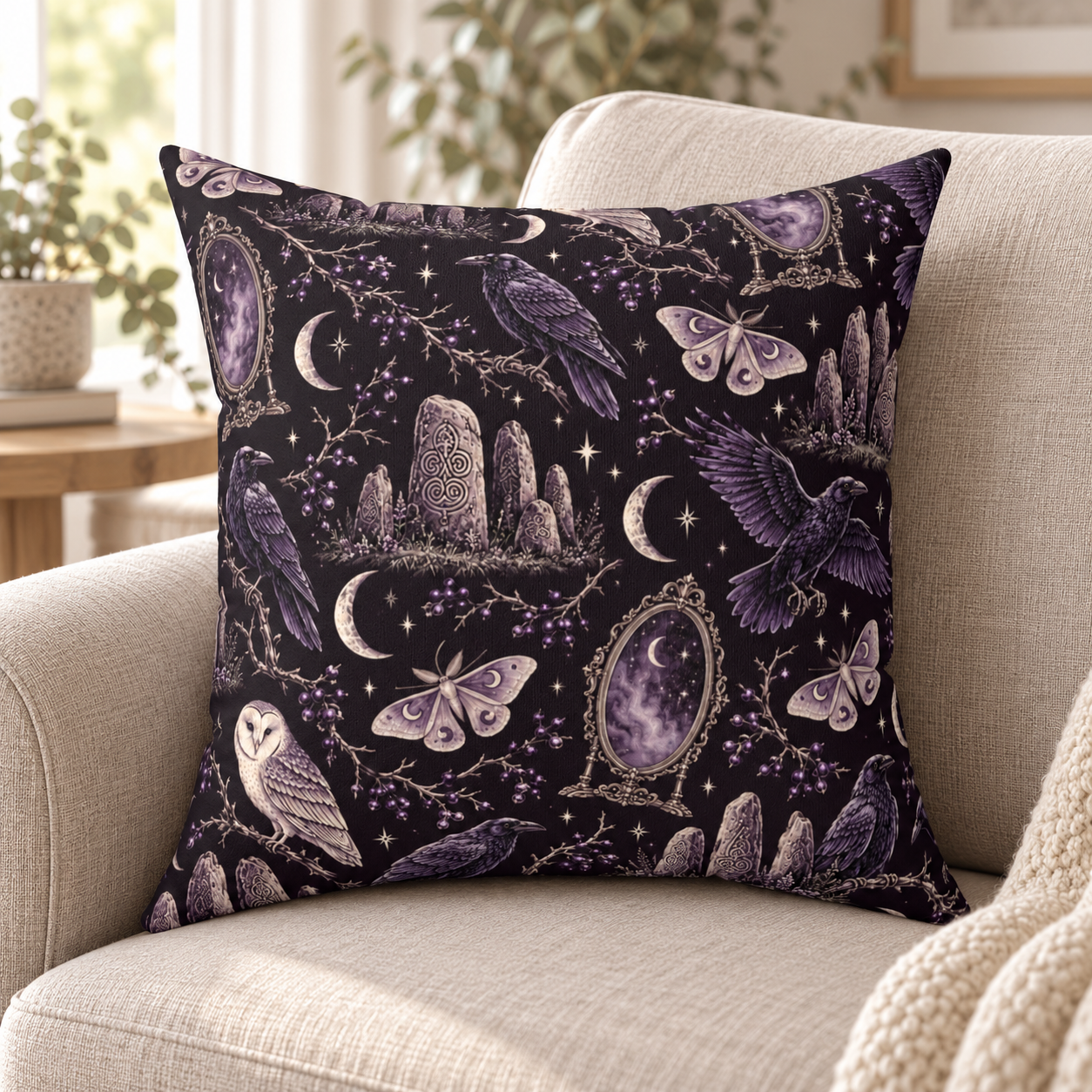 Gothic Raven & Owl Faux Suede Pillow – Purple Moon and Moth Witchy Decor