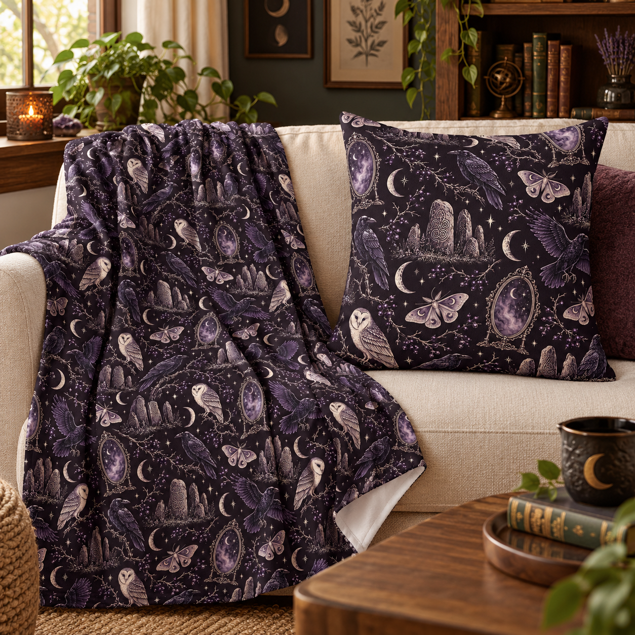 Gothic Raven & Owl Faux Suede Pillow – Purple Moon and Moth Witchy Decor
