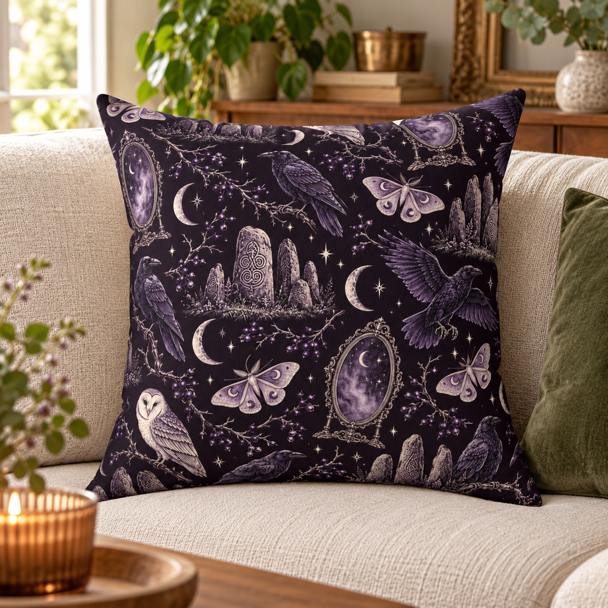 Gothic Raven & Owl Faux Suede Pillow – Purple Moon and Moth Witchy Decor