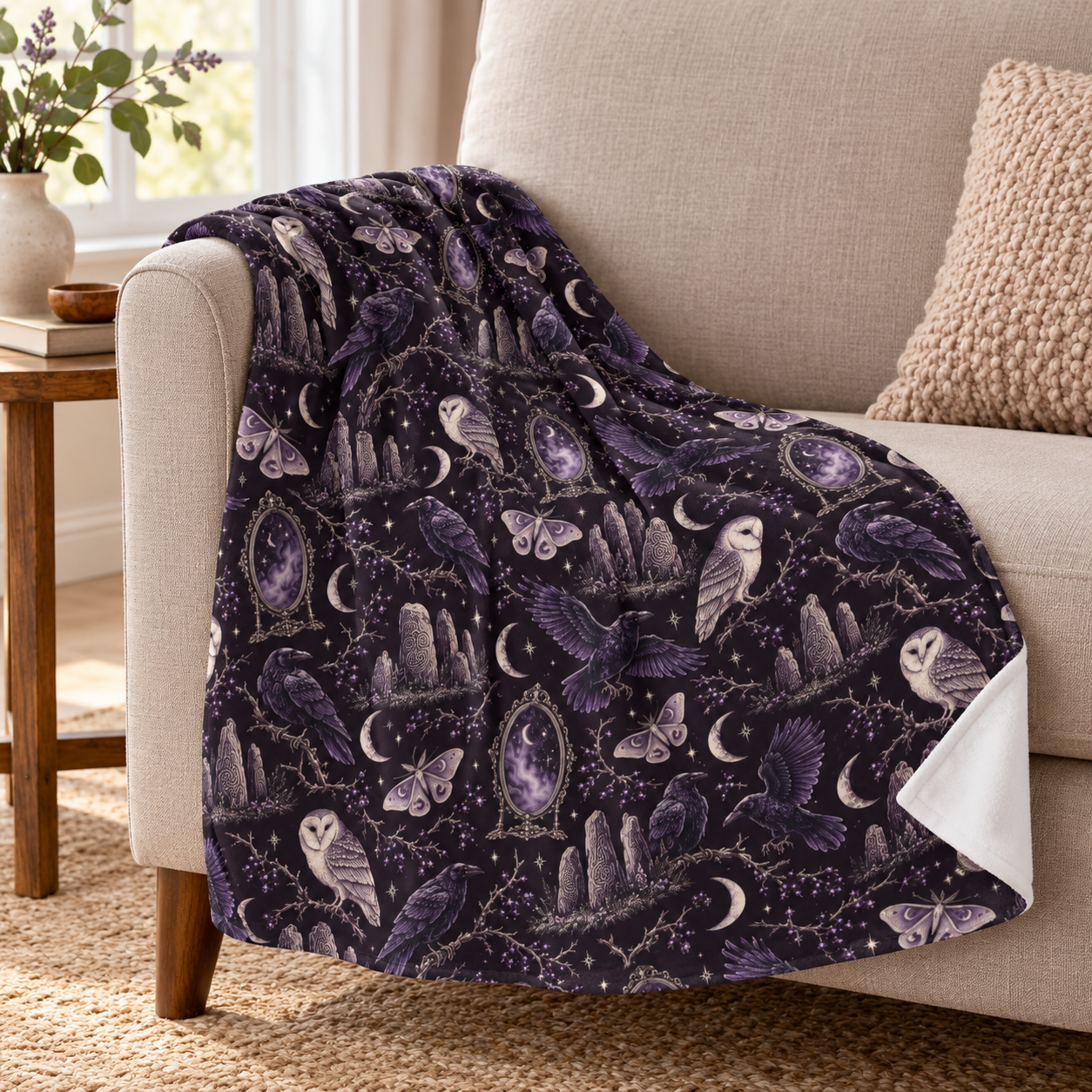 Gothic Raven & Owl Velveteen Plush Blanket – Lightweight Purple Moon and Moth Throw