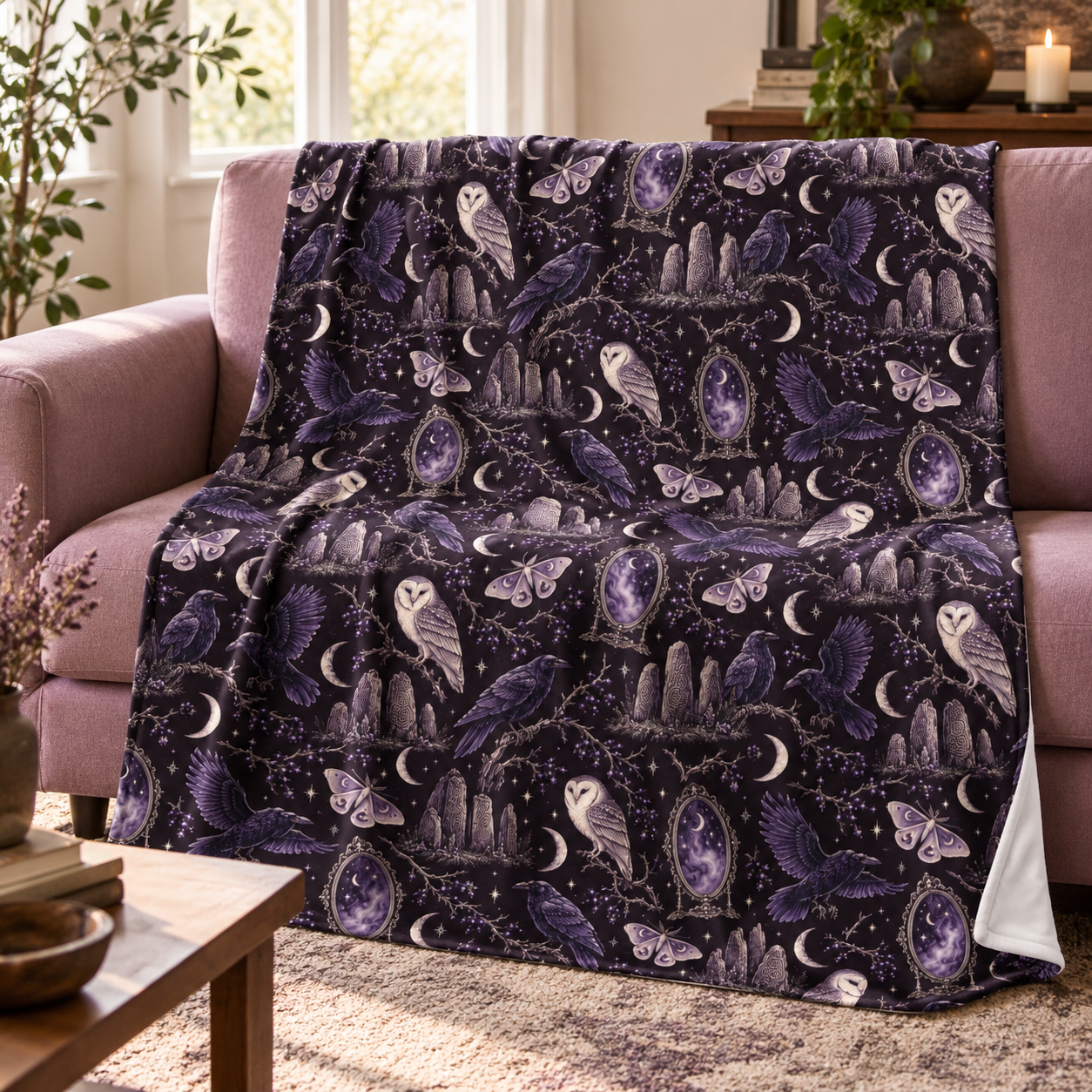 Gothic Raven & Owl Velveteen Plush Blanket – Lightweight Purple Moon and Moth Throw