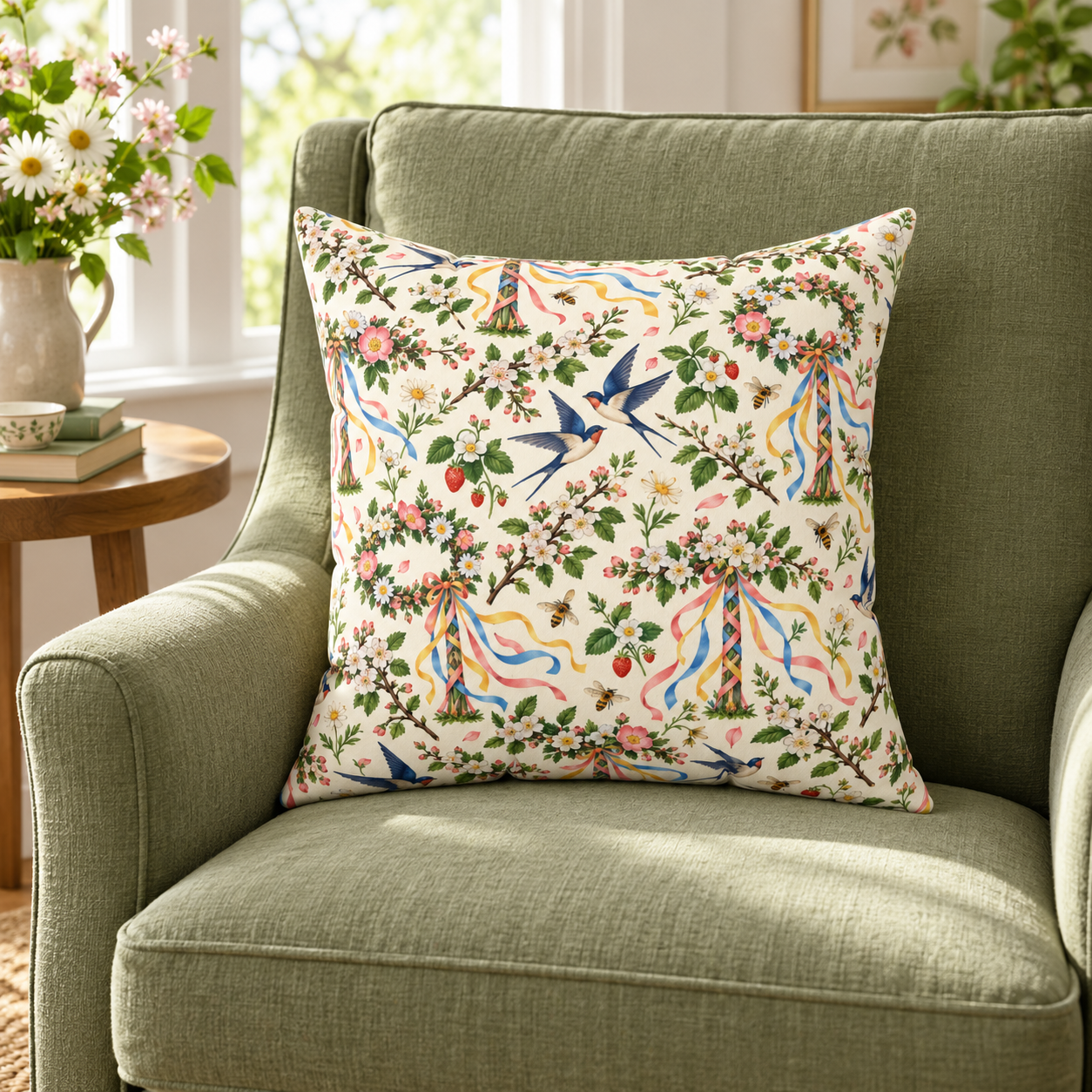 Beltane Maypole & Swallow Faux Suede Pillow – Floral Spring Witch Decor
