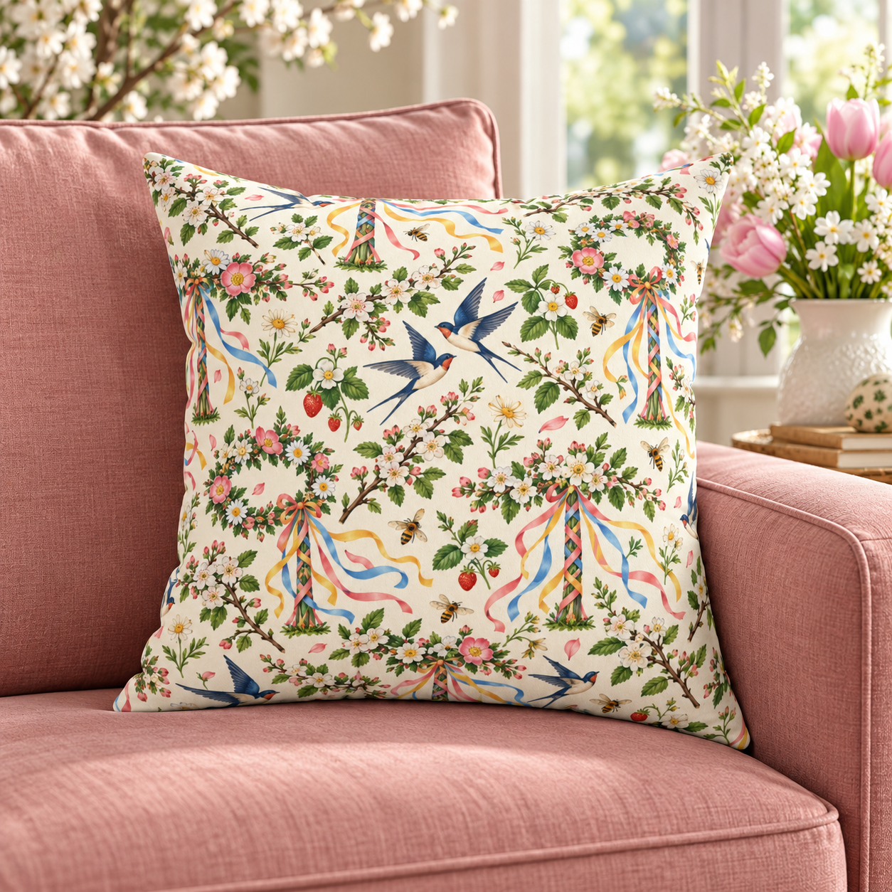 Beltane Maypole & Swallow Faux Suede Pillow – Floral Spring Witch Decor
