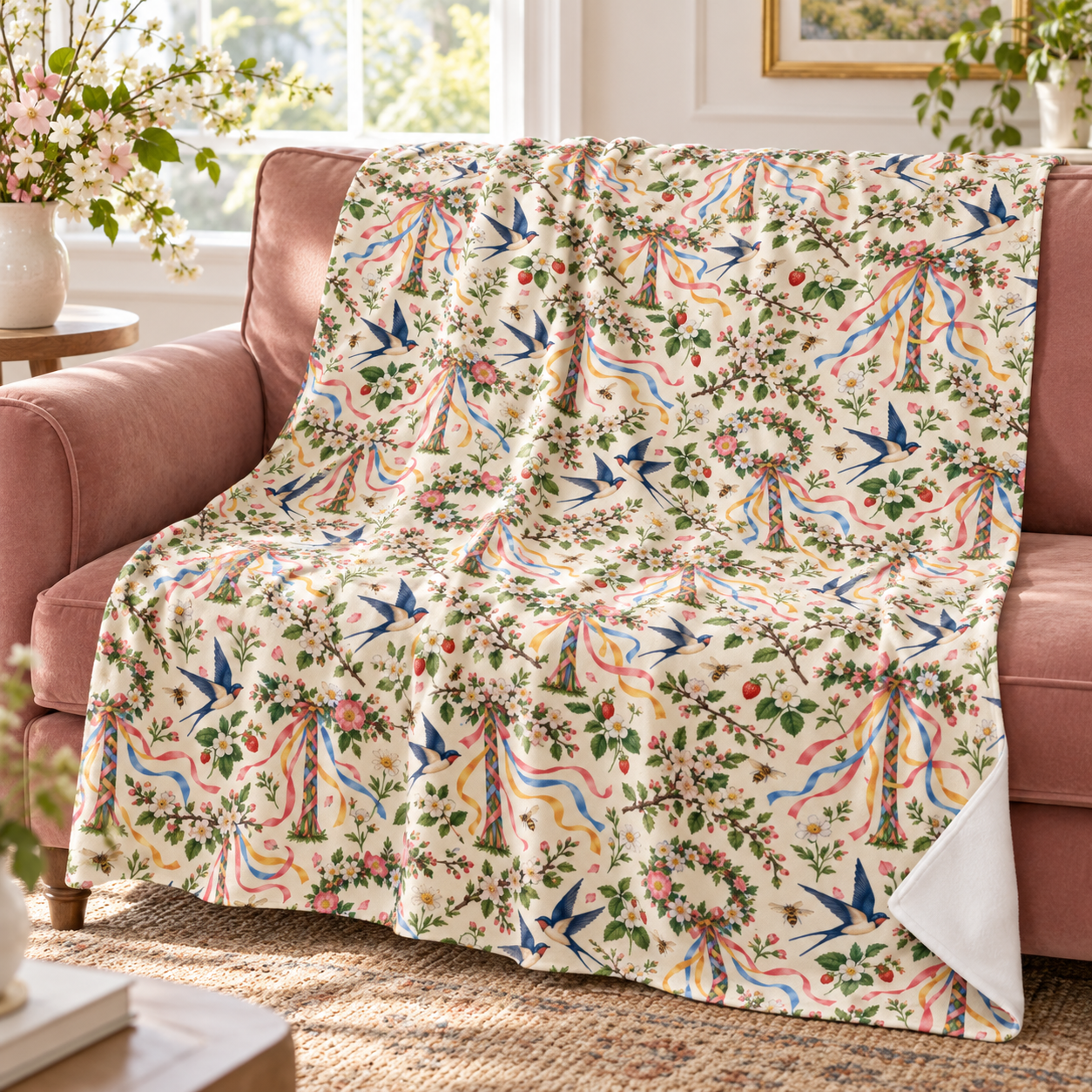 Beltane Maypole & Swallow Velveteen Plush Blanket – Lightweight Floral Spring Throw
