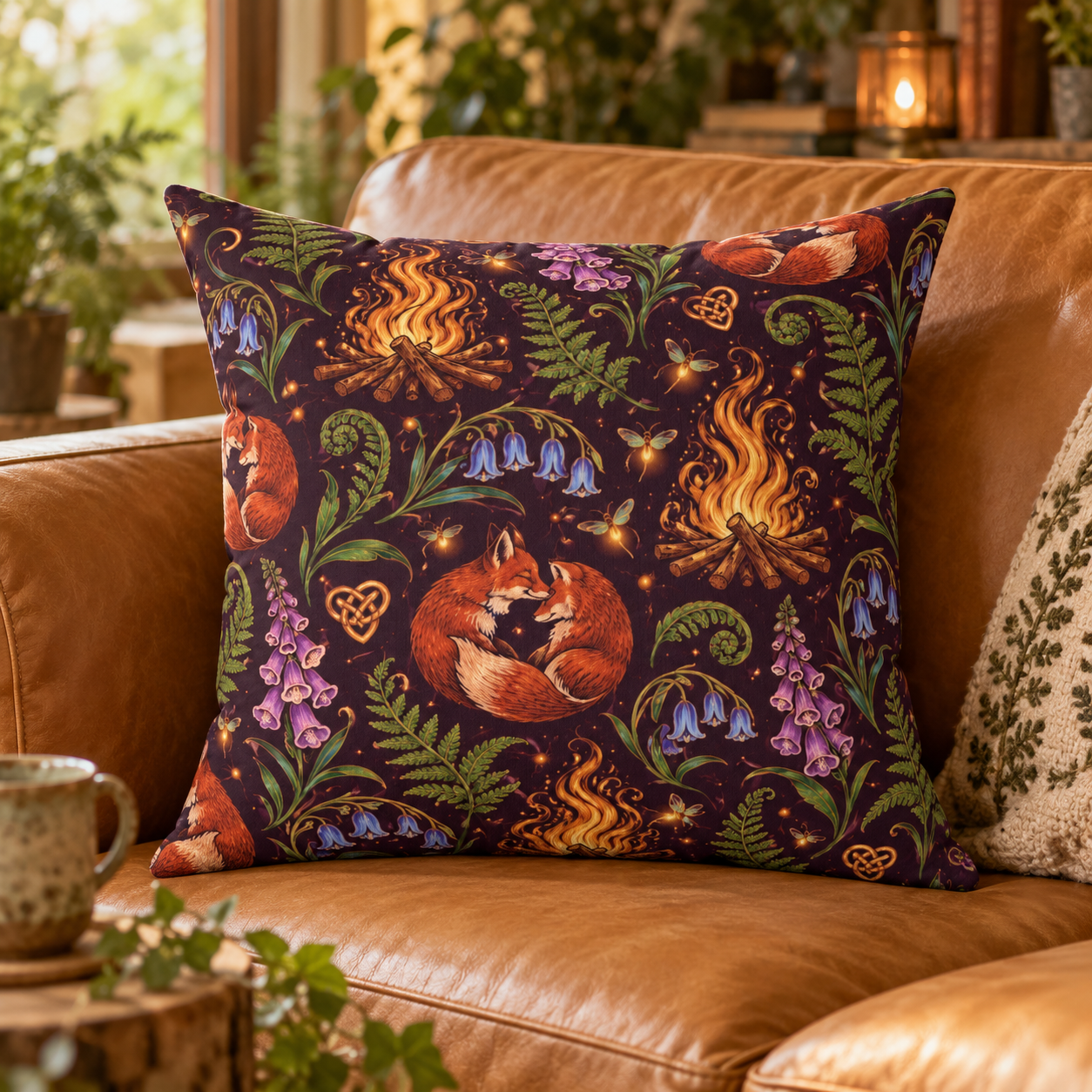 Beltane Fox & Bonfire Faux Suede Pillow – Purple Woodland Witch Decor