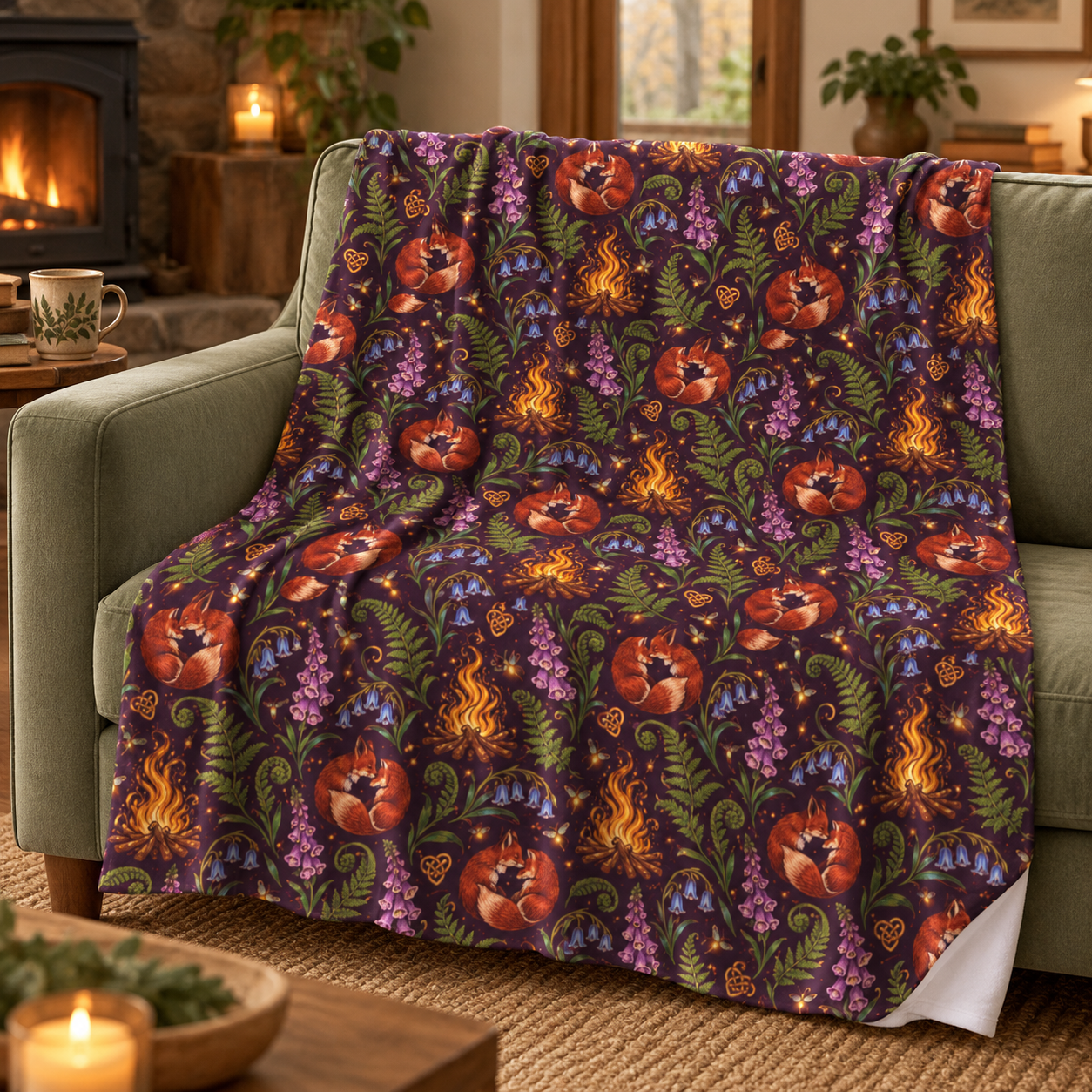 Beltane Fox & Bonfire Velveteen Plush Blanket – Lightweight Purple Woodland Throw - Divine Mystic Moons