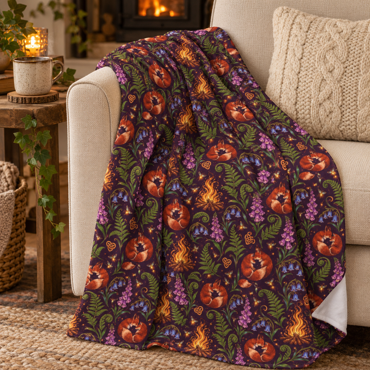 Beltane Fox & Bonfire Velveteen Plush Blanket – Lightweight Purple Woodland Throw - Divine Mystic Moons