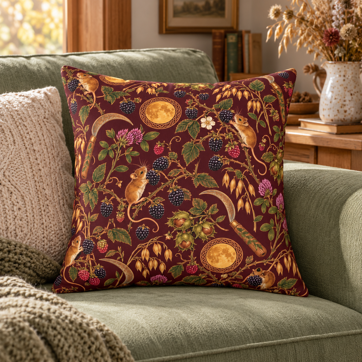 Lughnasadh Harvest Mouse Faux Suede Pillow – Blackberry & Moon Pagan Decor